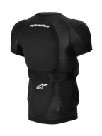 Alpinestars A-Impact Plasma Protection Jacket - Short Sleeve, giacca protettiva nera a maniche corte, vista posteriore con paraschiena integrato, loghi bianchi, fascia regolabile in vita e struttura in rete traspirante per MTB