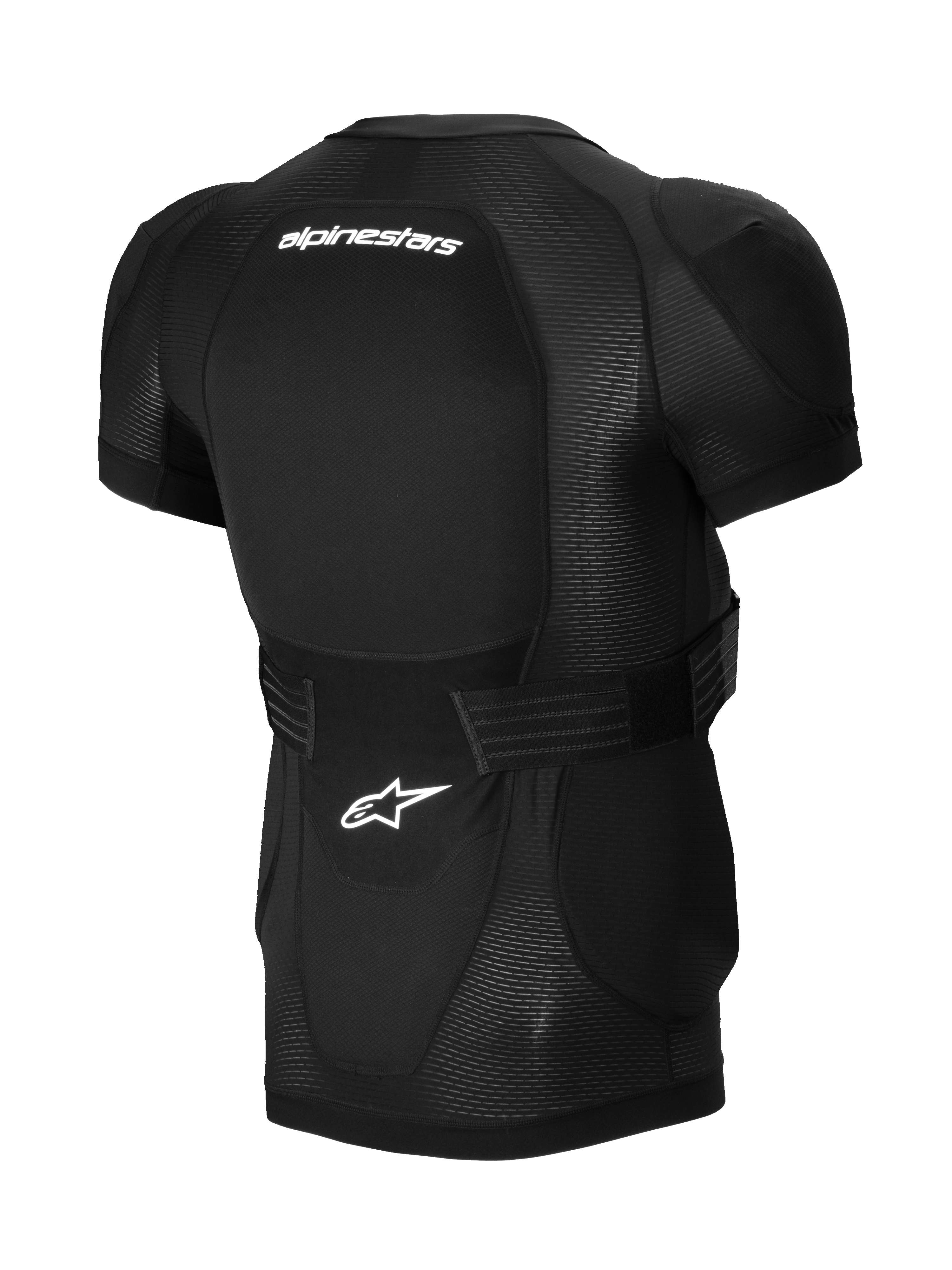 Alpinestars A-Impact Plasma Protection Jacket - Short Sleeve, giacca protettiva nera a maniche corte, vista posteriore con paraschiena integrato, loghi bianchi, fascia regolabile in vita e struttura in rete traspirante per MTB