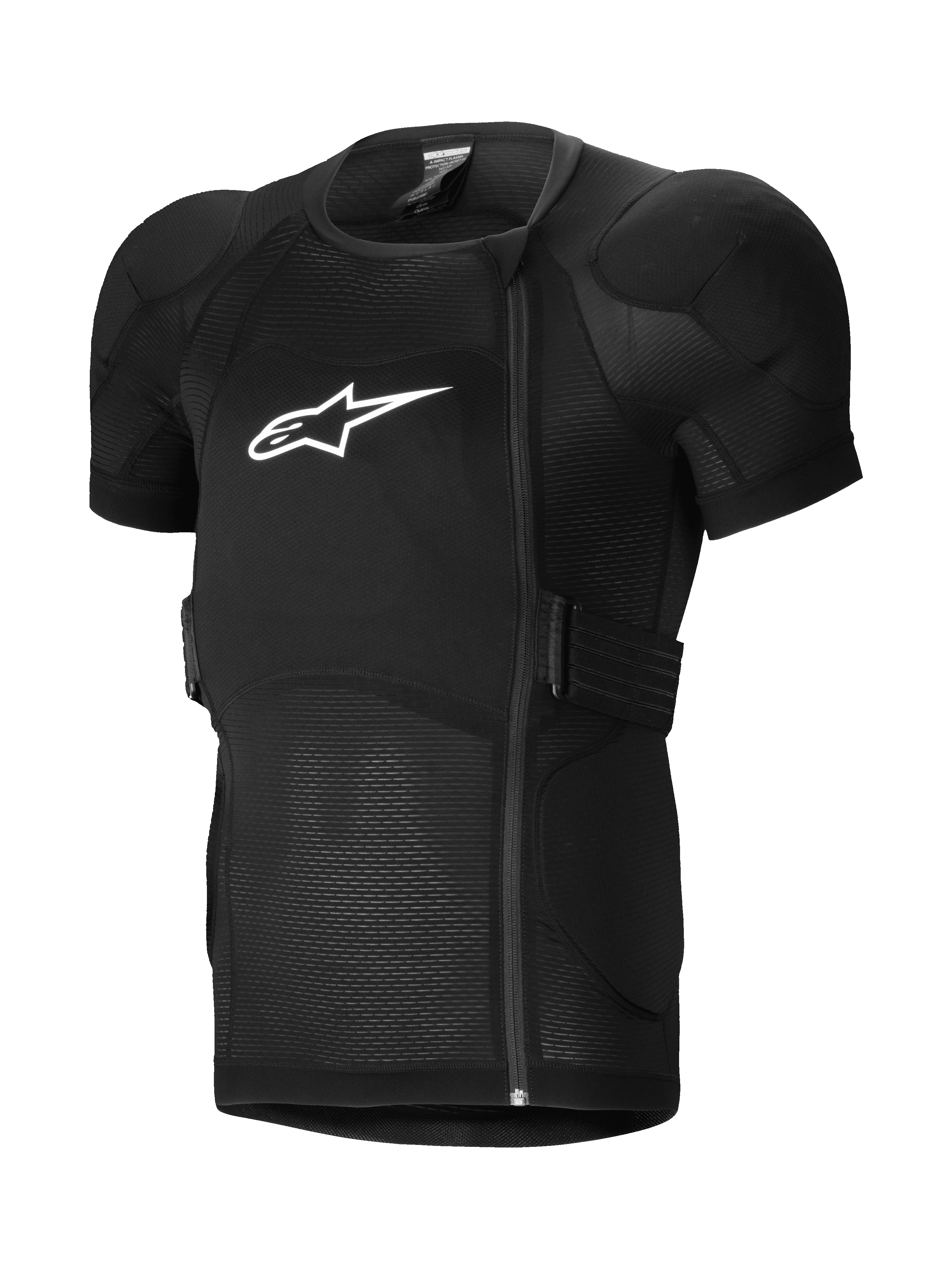 Alpinestars A-Impact Plasma Protection Jacket a maniche corte, giacca protettiva per MTB, nero, con spalle imbottite e protezione toracica, cerniera laterale sfalsata, tessuto in rete a costine traspirante e logo bianco sul petto