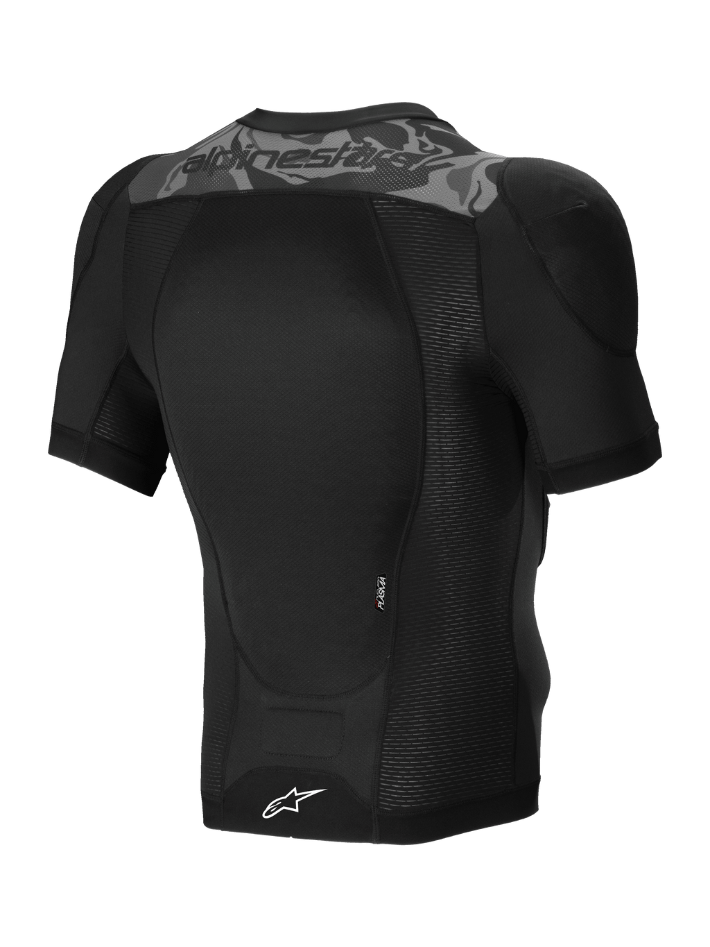 Alpinestars Giacca Protettiva A-Motion Plasma, giacca protettiva MTB a maniche corte, nero mimetico, vista posteriore con paraschiena Nucleon PLASMA certificato CE e costruzione in mesh elasticizzato