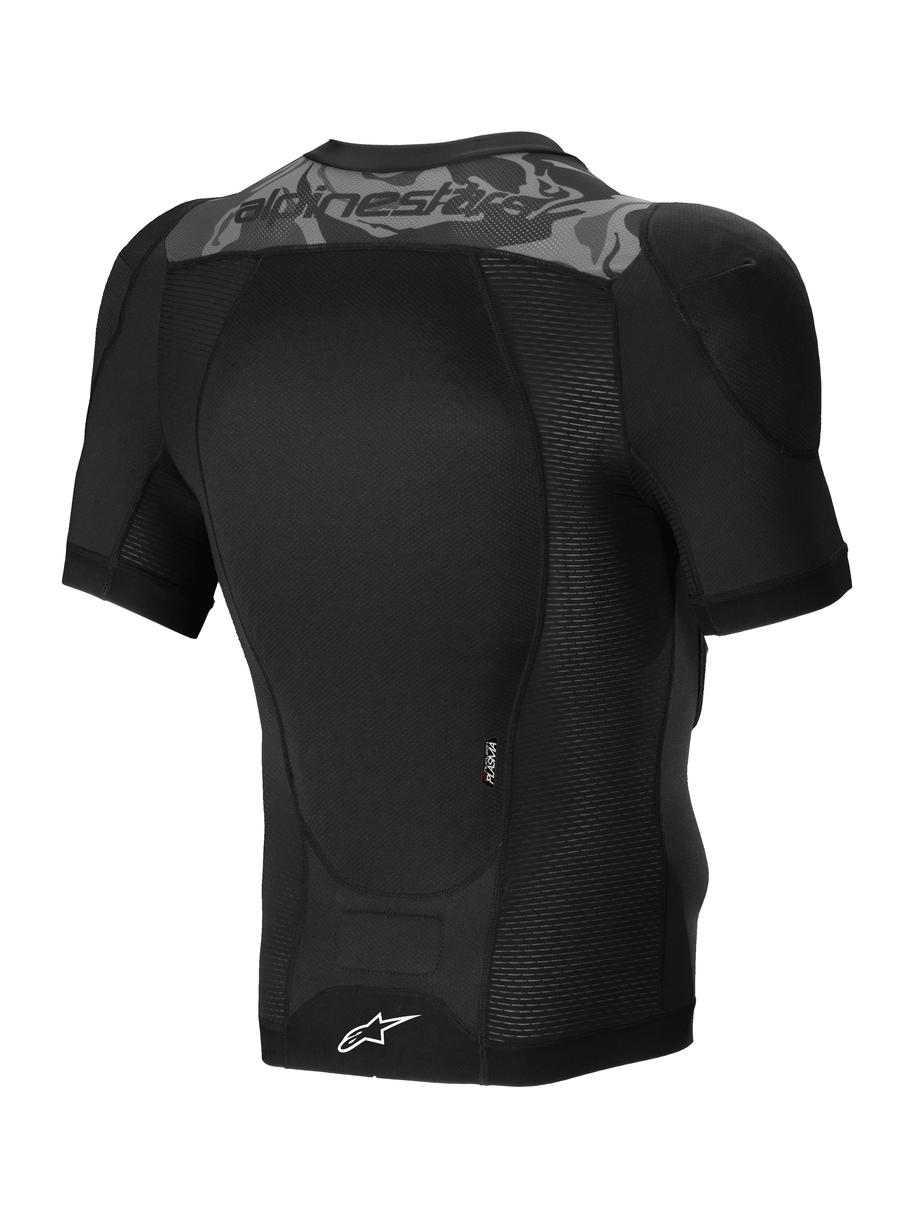 Alpinestars Giacca Protettiva A-Motion Plasma, giacca protettiva MTB a maniche corte, nero mimetico, vista posteriore con paraschiena Nucleon PLASMA certificato CE e costruzione in mesh elasticizzato