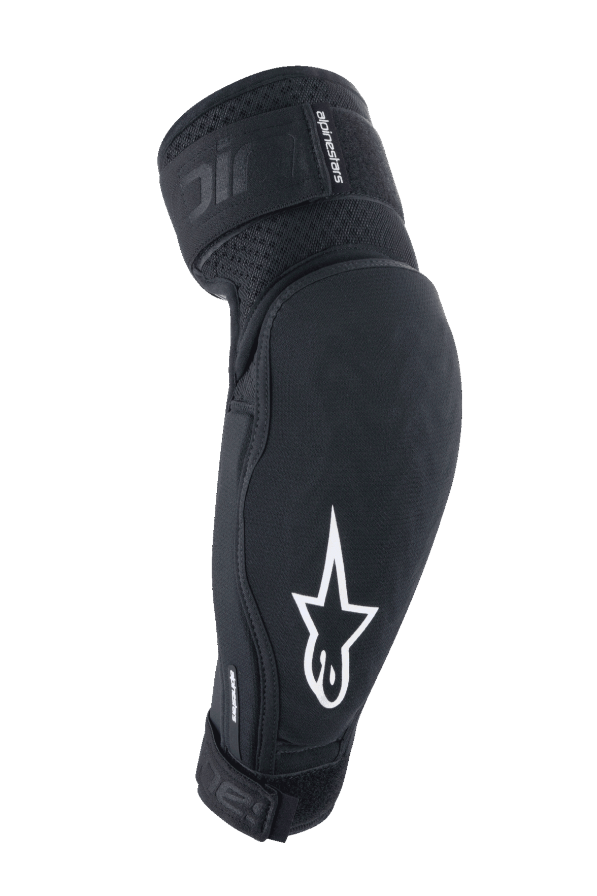 Alpinestars A-Impact Plasma Elite, gomitiere protettive, nero e bianco, attrezzatura per MTB con logo a stella bianco, tessuto traspirante testurizzato, cinghie regolabili con chiusura in Velcro, design ergonomico pre-curvato