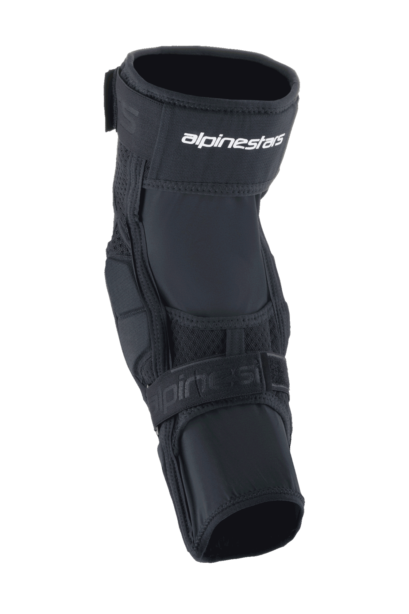 Alpinestars A-Impact Plasma Elite Knee Protector, protezione per ginocchia da ciclismo, nero e bianco, con sistema di chiusura a doppia cinghia e logo Alpinestars bianco, pannelli in mesh e design ergonomico pre-curvato per protezione dagli impatti MTB