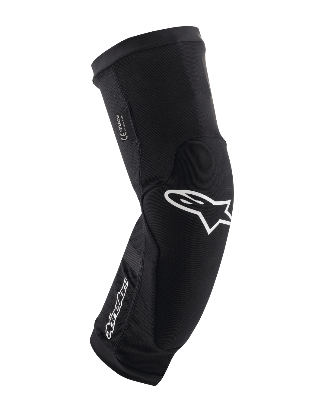 Ginocchiere Alpinestars Paragon Plus, nero e bianco, protezione per mountain bike MTB, manica in mesh traspirante slip-on, design ergonomico curvo con logo a stella bianco, costruzione imbottita per guida fuoristrada