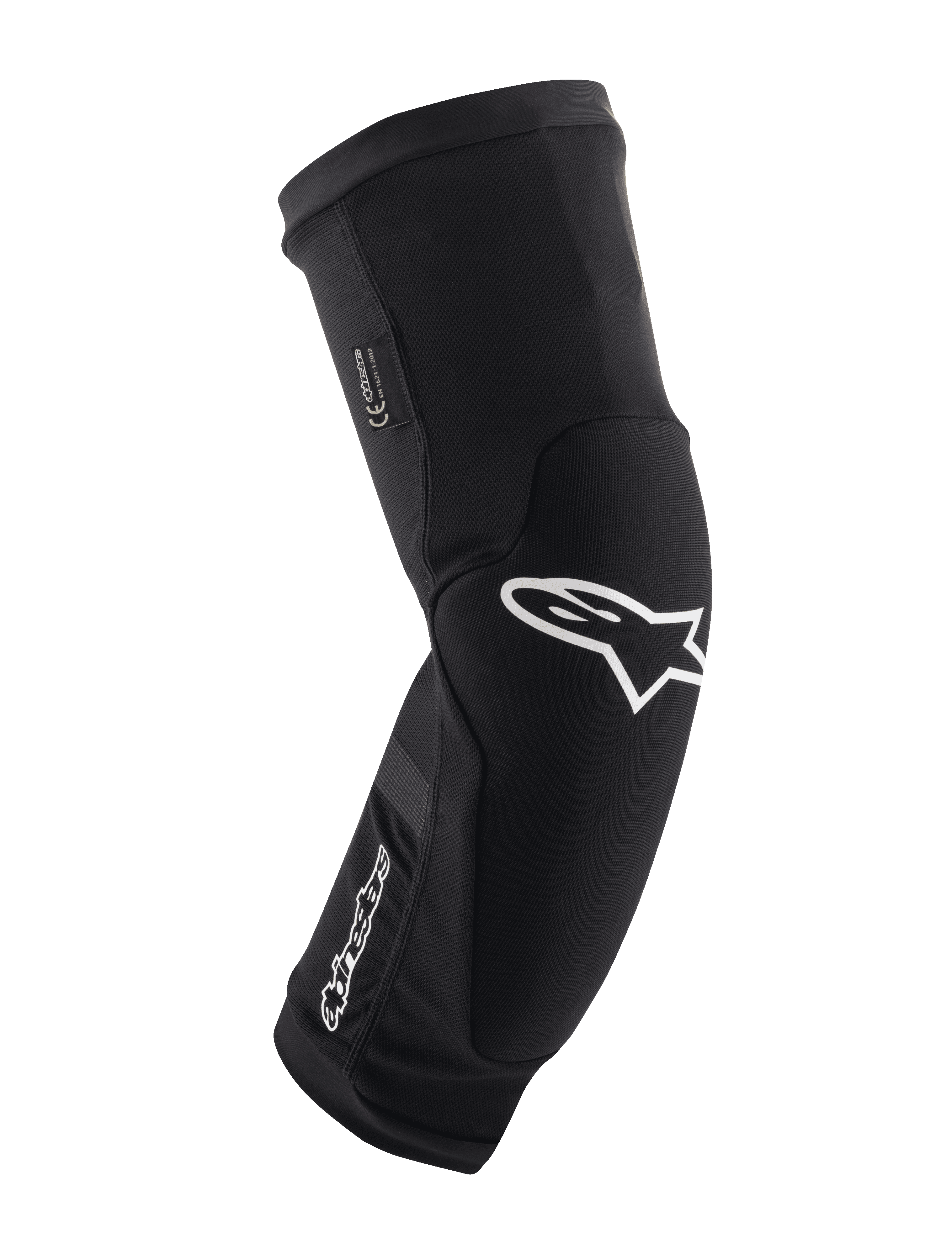 Ginocchiere Alpinestars Paragon Plus, nero e bianco, protezione per mountain bike MTB, manica in mesh traspirante slip-on, design ergonomico curvo con logo a stella bianco, costruzione imbottita per guida fuoristrada