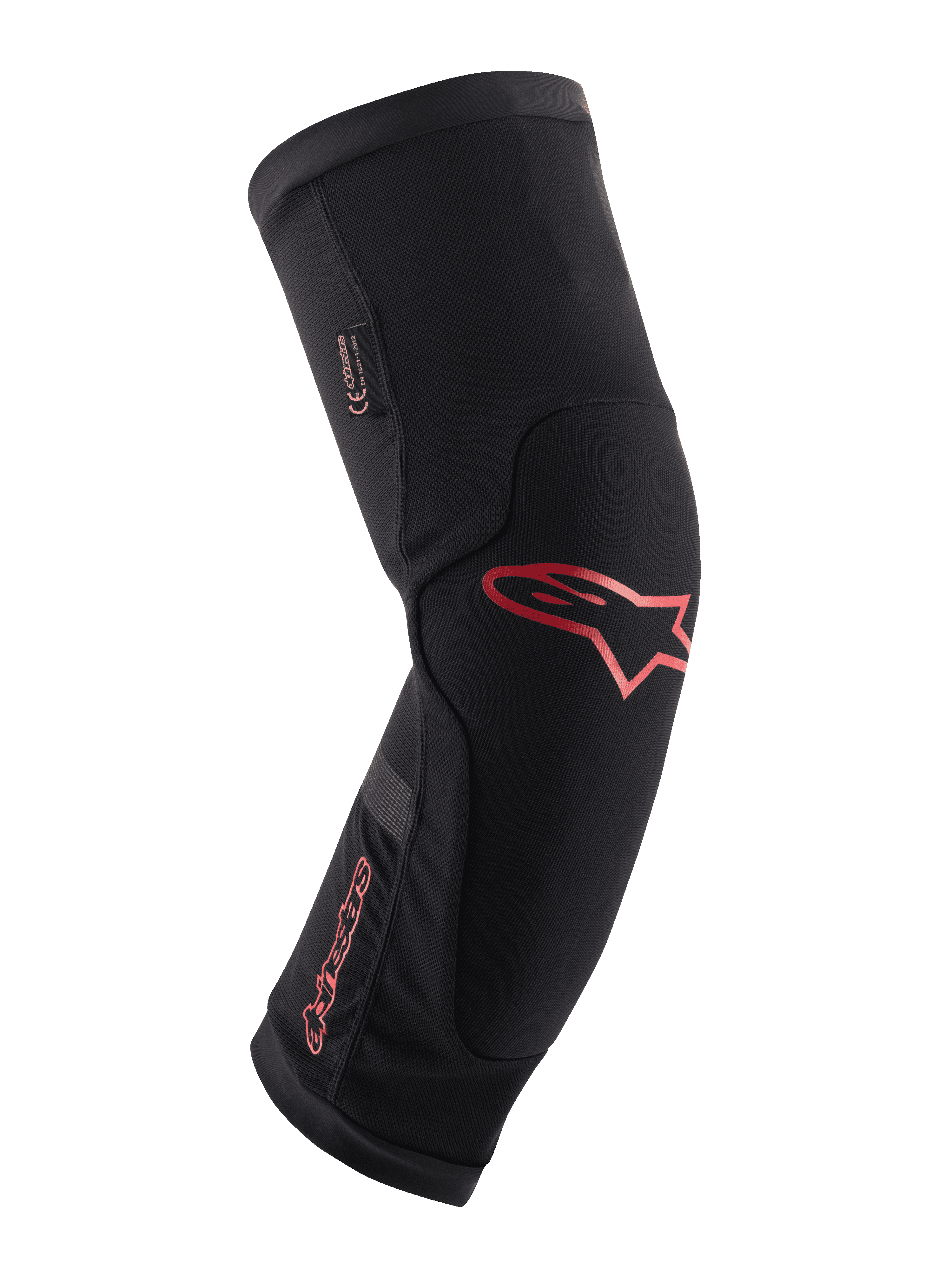 Alpinestars Paragon Plus Knee Protector, nero con logo e scritta Alpinestars in rosso, design ergonomico a manica slip-on, tessuto a rete traspirante con pannelli rinforzati, attrezzatura protettiva per mountain bike