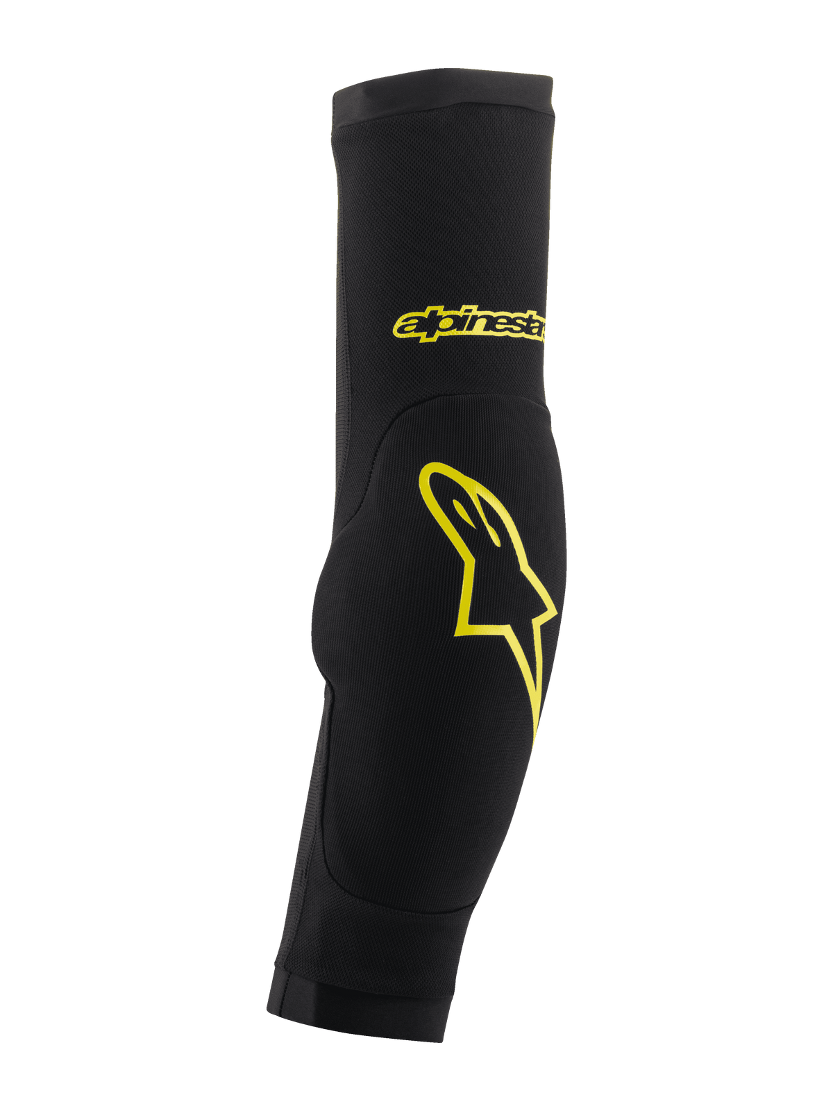 Alpinestars Paragon Plus, gomitiere protettive, nero e giallo acido, design a calza con imbottitura integrata, con logo a stella e scritta gialli, rete traspirante per protezione MTB