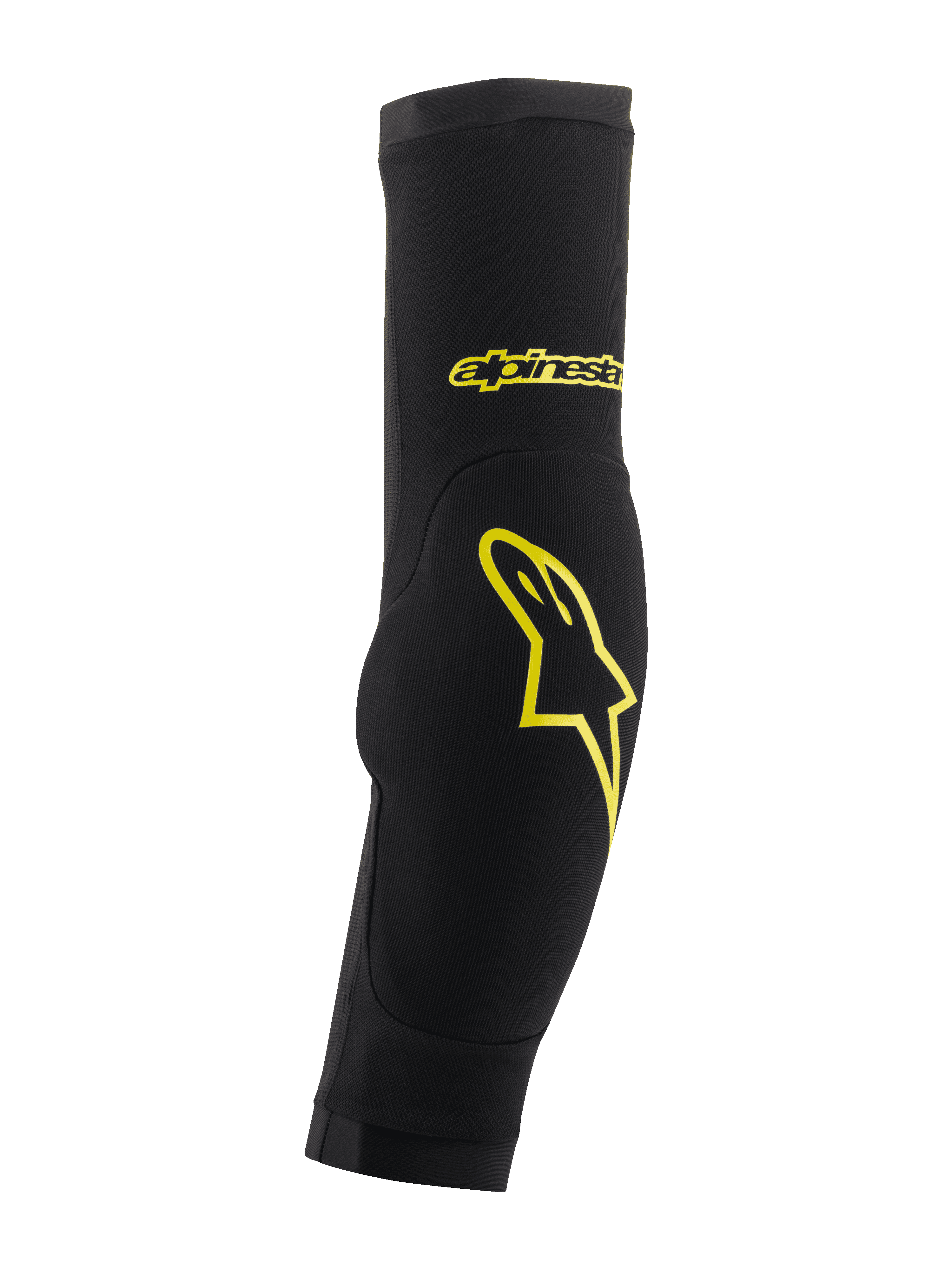 Alpinestars Paragon Plus, gomitiere protettive, nero e giallo acido, design a calza con imbottitura integrata, con logo a stella e scritta gialli, rete traspirante per protezione MTB