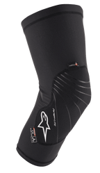 Alpinestars Paragon Lite Knee Protector, nero, protezione leggera con struttura in mesh traforata, logo bianco, linee di design grigie, design a manica slip-on, con etichette CE Livello 1 e Polygiene, progettata per MTB e ciclismo off-road