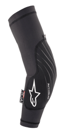 Alpinestars Paragon Lite, gomitiera protettiva, nero, manica in rete traspirante leggera, logo stella bianco e branding Paragon Lite, etichetta di certificazione CE Livello 1, attrezzatura protettiva per mountain bike e trail