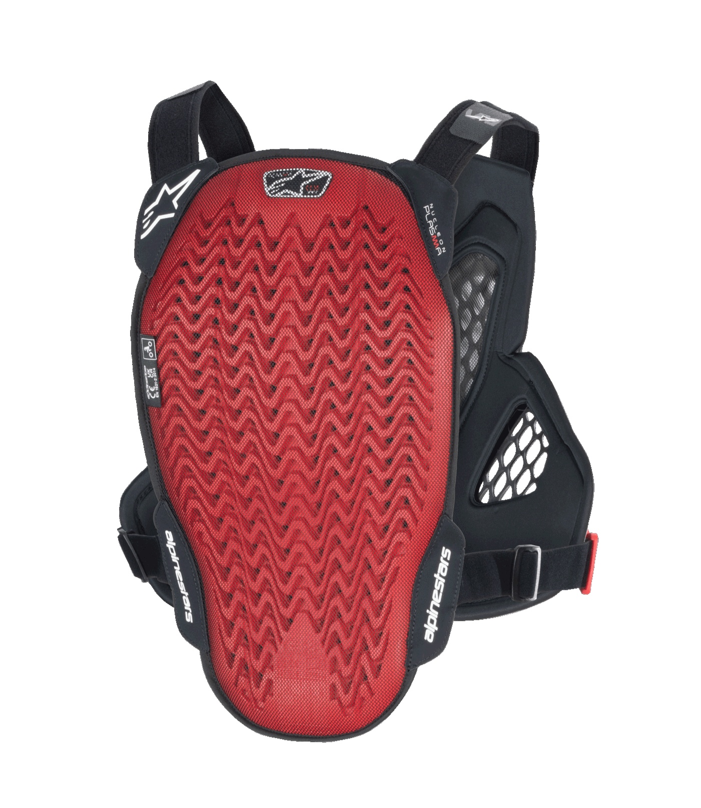 Alpinestars A-6 Plasma Chest Protector, vista posteriore, piastra dorsale Nucleon PLASMA rossa testurizzata con ali laterali nere e cinghie regolabili, equipaggiamento protettivo per MTB gravity in Nero Antracite Rosso