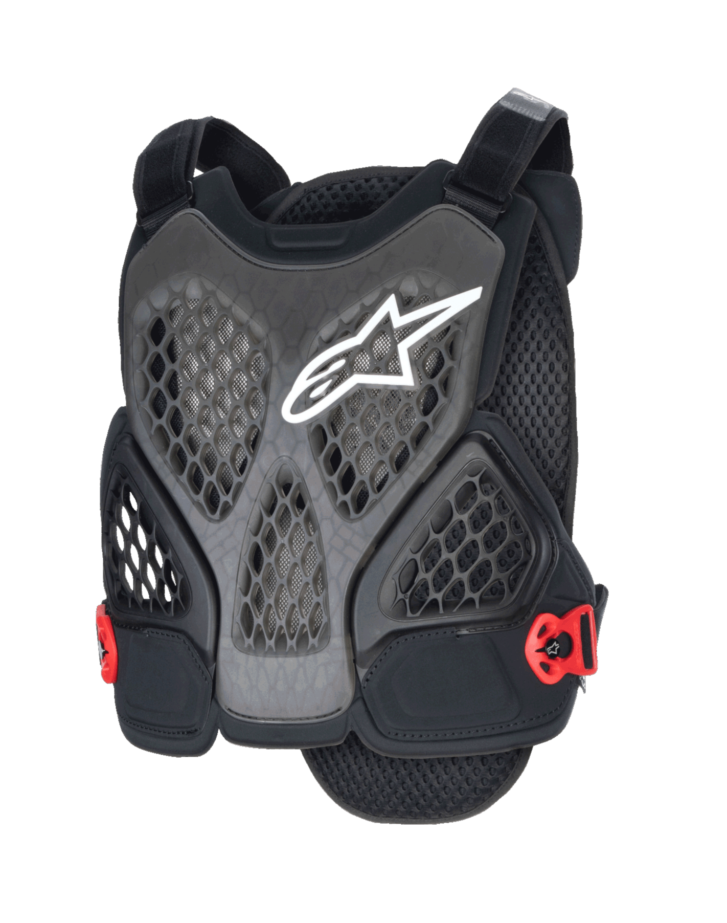 Alpinestars A-6 Plasma Chest Protector, protezione torace MTB, nero antracite e rosso, con logo a stella bianco, pannelli in rete a nido d'ape traforati per la ventilazione, fibbie laterali rosse e spalline regolabili, progettata per il fuori strada e la mountain bike gravity.