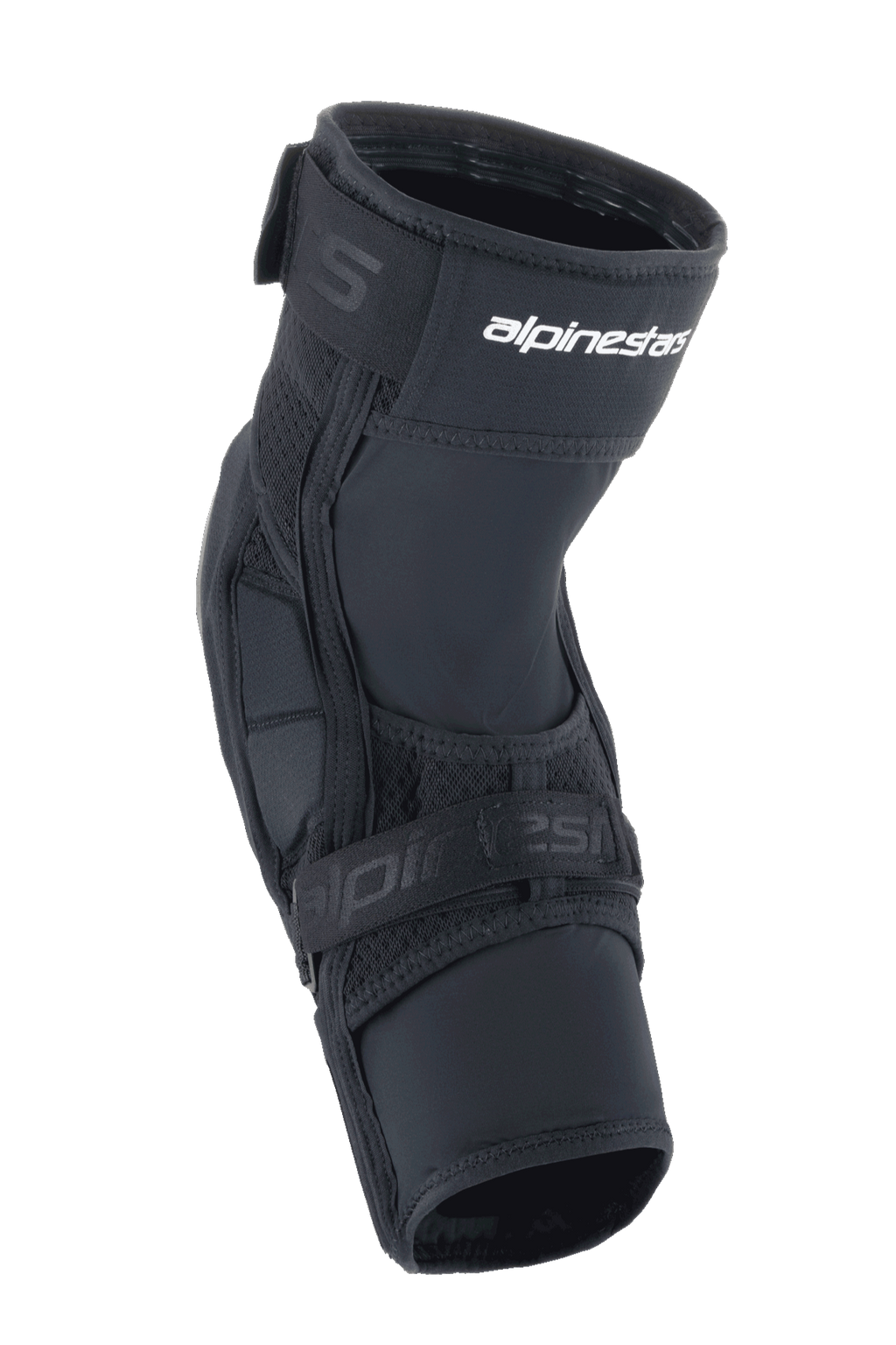 Alpinestars A-Impact Plasma Elite Shield Knee Protectors, ginocchiere per MTB, nero con logo bianco, caratterizzate da un design ergonomico pre-curvato, doppia chiusura a cinghia e pannelli in mesh traspirante per mountain bike.