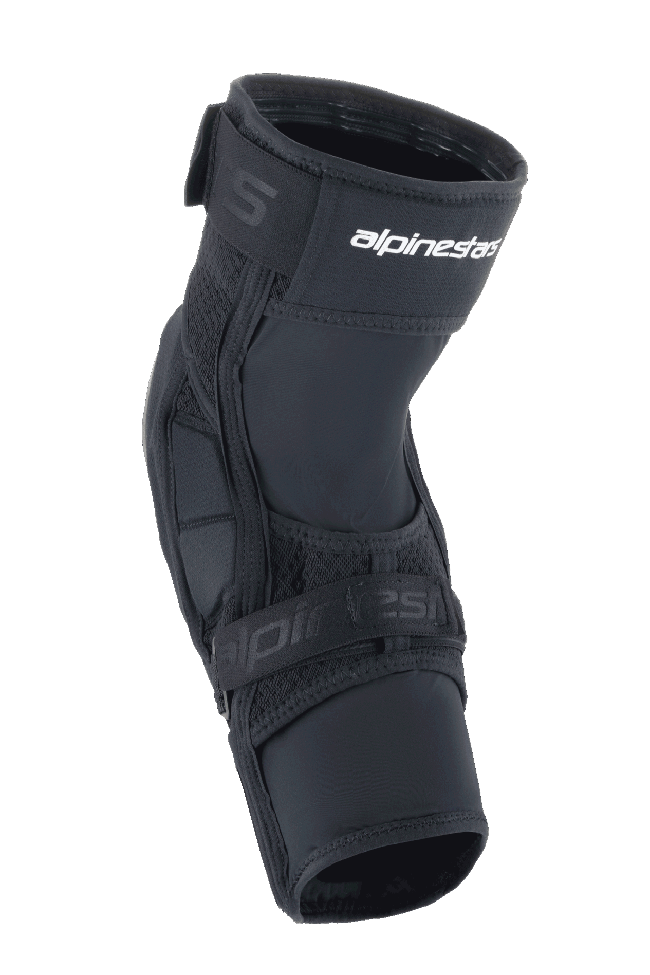 Alpinestars A-Impact Plasma Elite Shield Knee Protectors, ginocchiere per MTB, nero con logo bianco, caratterizzate da un design ergonomico pre-curvato, doppia chiusura a cinghia e pannelli in mesh traspirante per mountain bike.