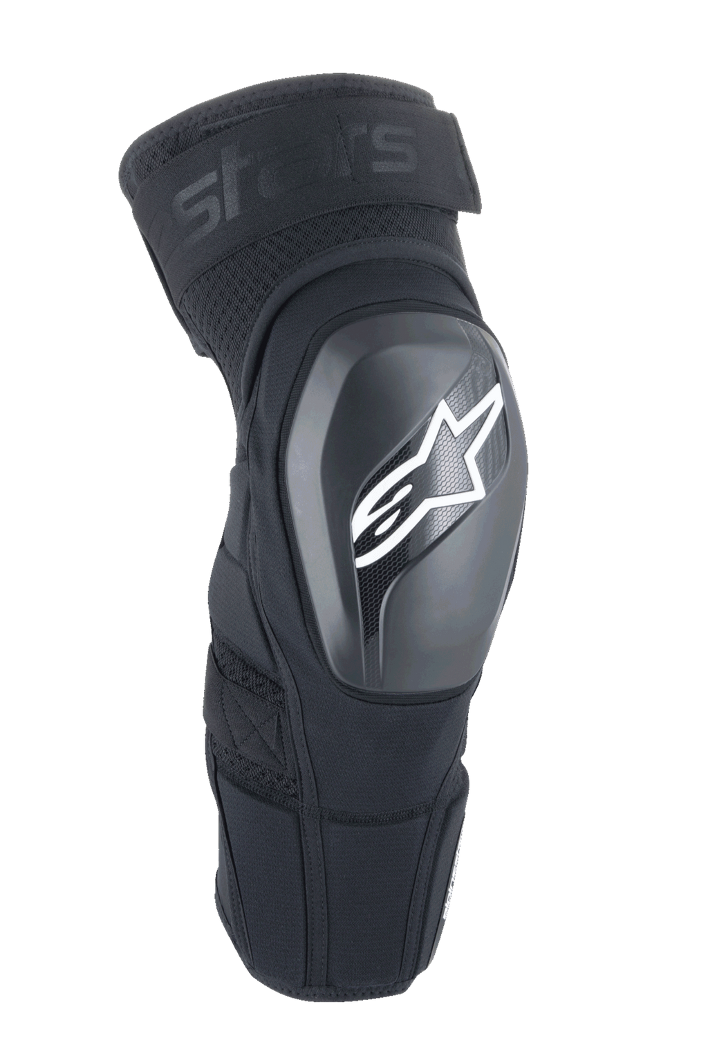 Ginocchiere Alpinestars A-Impact Plasma Elite Shield, nere con logo a stella bianco, guscio esterno rigido in TPU, tessuto mesh con cinturino superiore regolabile, design ergonomico pre-curvato, protezione per MTB e fuoristrada