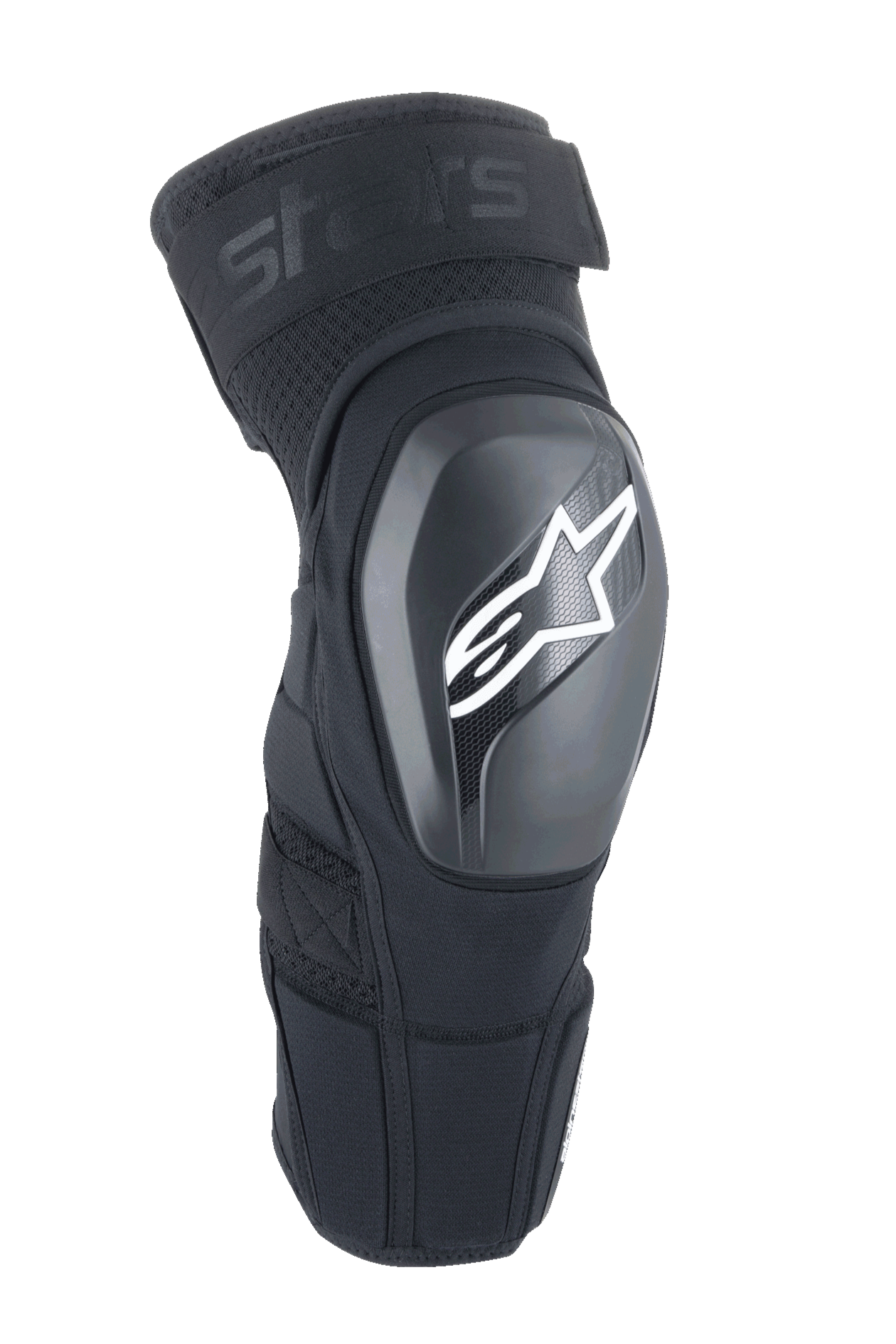 Ginocchiere Alpinestars A-Impact Plasma Elite Shield, nere con logo a stella bianco, guscio esterno rigido in TPU, tessuto mesh con cinturino superiore regolabile, design ergonomico pre-curvato, protezione per MTB e fuoristrada
