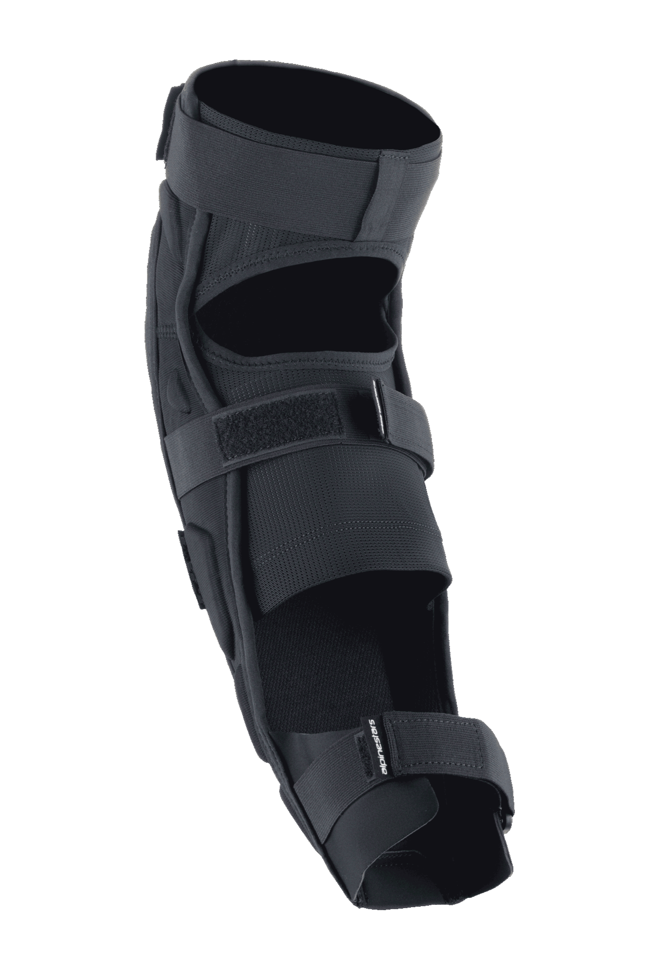 Alpinestars A-Impact Plasma Pro Knee Shin Protector, nero, vista posteriore con sistema di chiusura a triplo cinturino, pannelli in rete traspirante e design ergonomico pre-curvato per la protezione nel ciclismo off-road