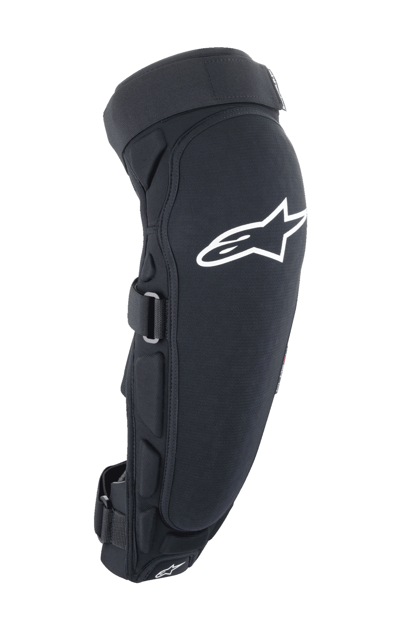 Protezione per ginocchio e stinco Alpinestars A-Impact Plasma Pro, nero e bianco, vista laterale con grande logo Astar bianco, imbottitura laterale e sistema di chiusura sicuro con cinturini, protezione per ciclismo fuoristrada