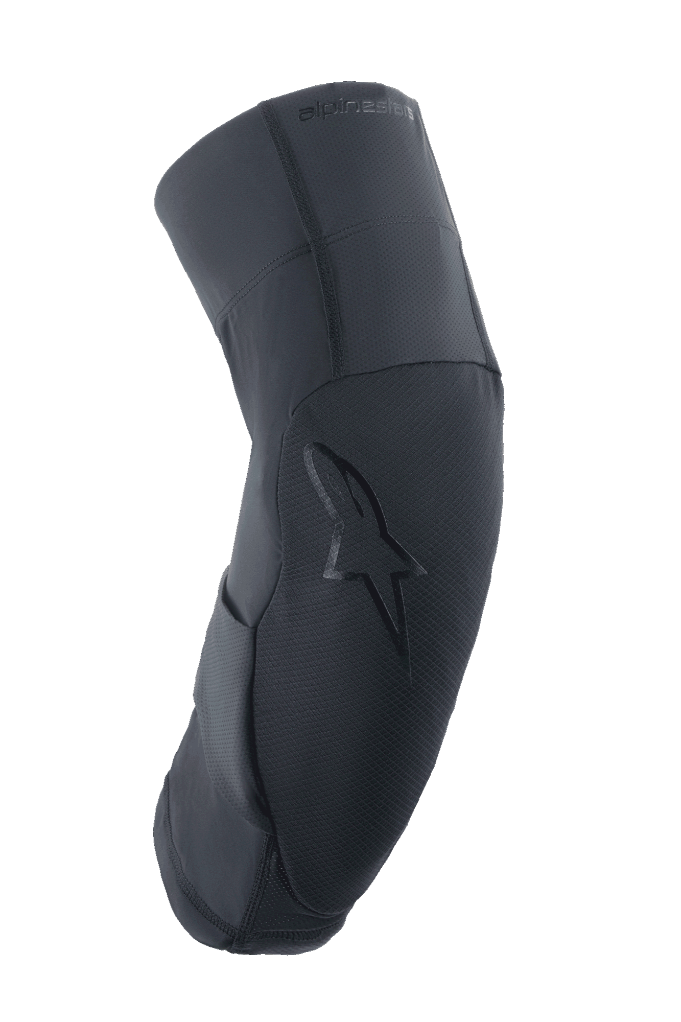Ginocchiera Alpinestars A-Motion Plasma Pro, nera, profilo laterale che mostra il design ergonomico curvo, pannello frontale testurizzato con logo a stella tono su tono, tessuti in mesh elasticizzato traspirante e ripstop, protezione leggera per MTB e trail riding