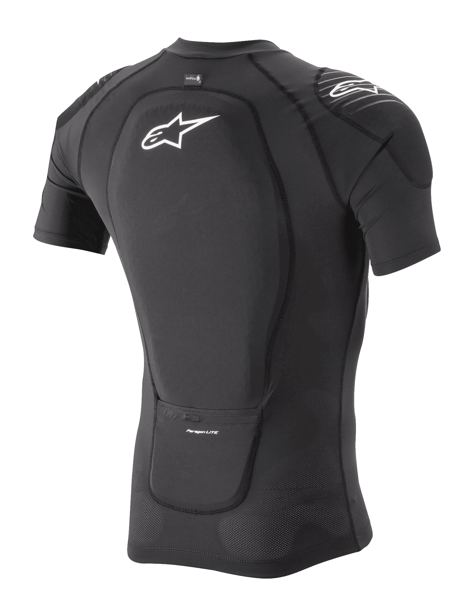 Alpinestars Paragon Lite Protection Jacket - Manica Corta, nero, vista posteriore a tre quarti che mostra il paraschiena integrato e la struttura in mesh elasticizzato traspirante, con logo Alpinestars bianco sulla schiena e sulla spalla, equipaggiamento protettivo leggero per mountain bike