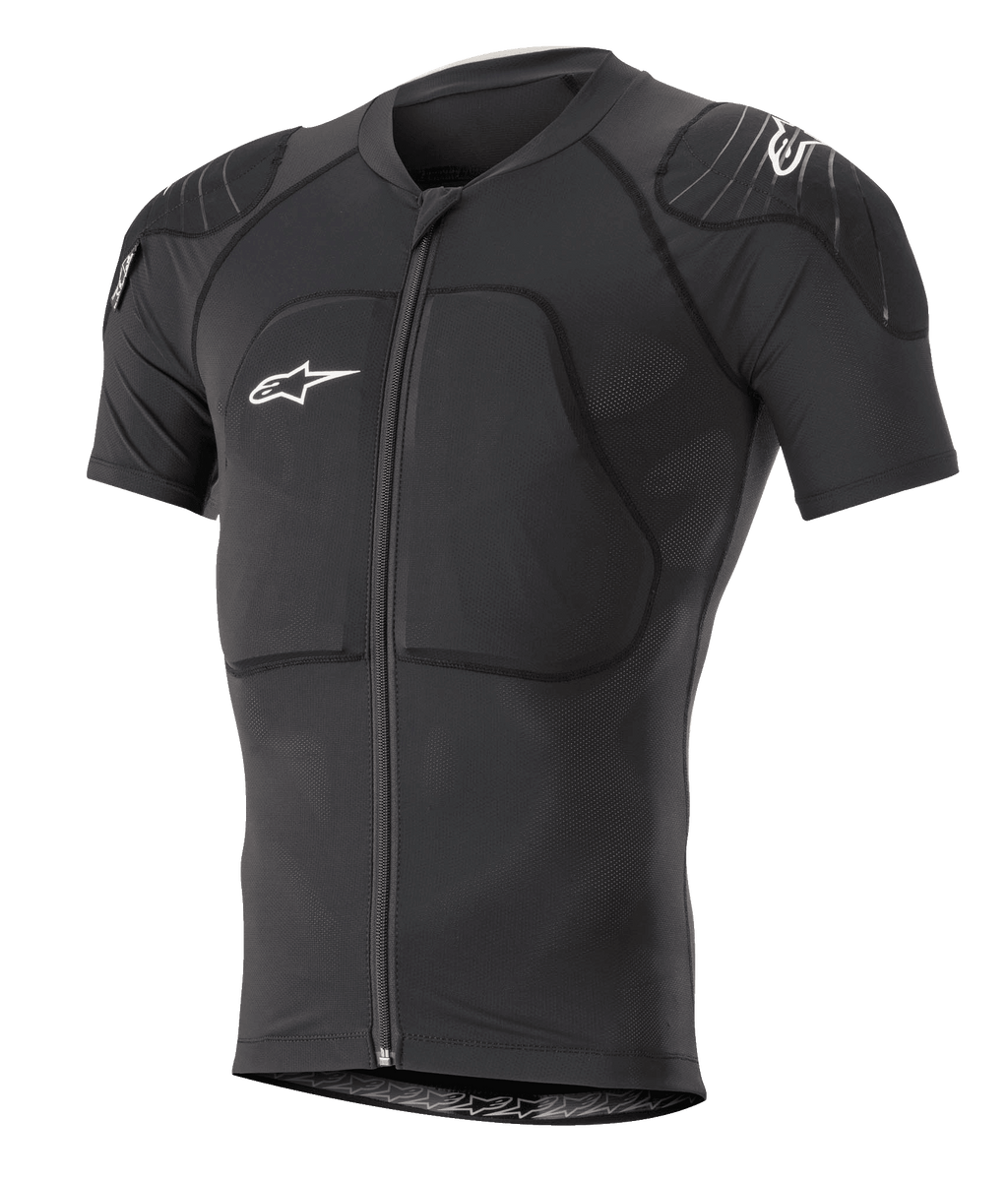Alpinestars Paragon Lite Protection Jacket Short Sleeve, nero, giacca protettiva per mountain bike MTB con imbottiture integrate su spalle e petto, cerniera frontale, tessuto in rete traspirante, loghi Alpinestars bianchi, design aderente per il trail riding
