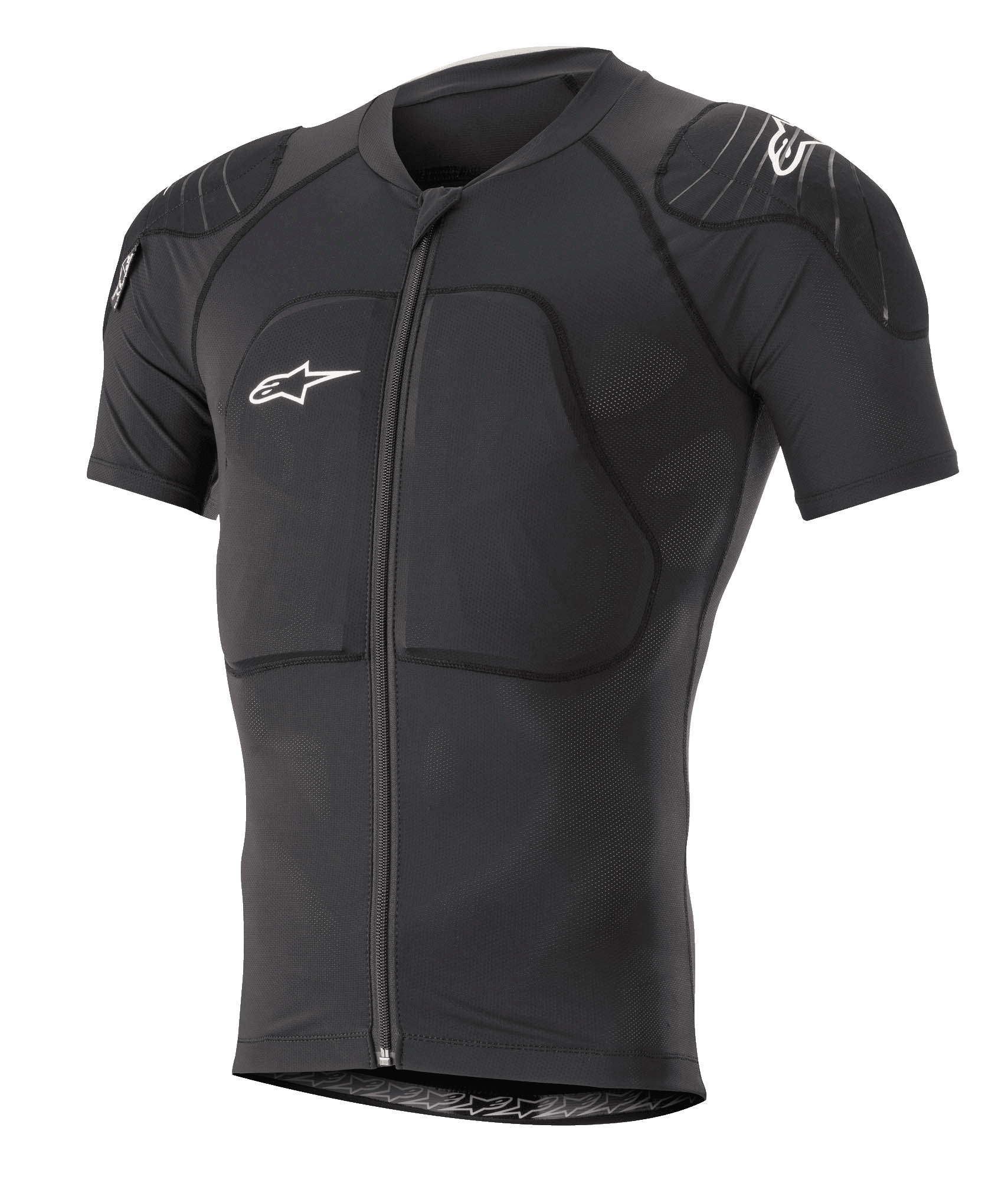 Alpinestars Paragon Lite Protection Jacket Short Sleeve, nero, giacca protettiva per mountain bike MTB con imbottiture integrate su spalle e petto, cerniera frontale, tessuto in rete traspirante, loghi Alpinestars bianchi, design aderente per il trail riding