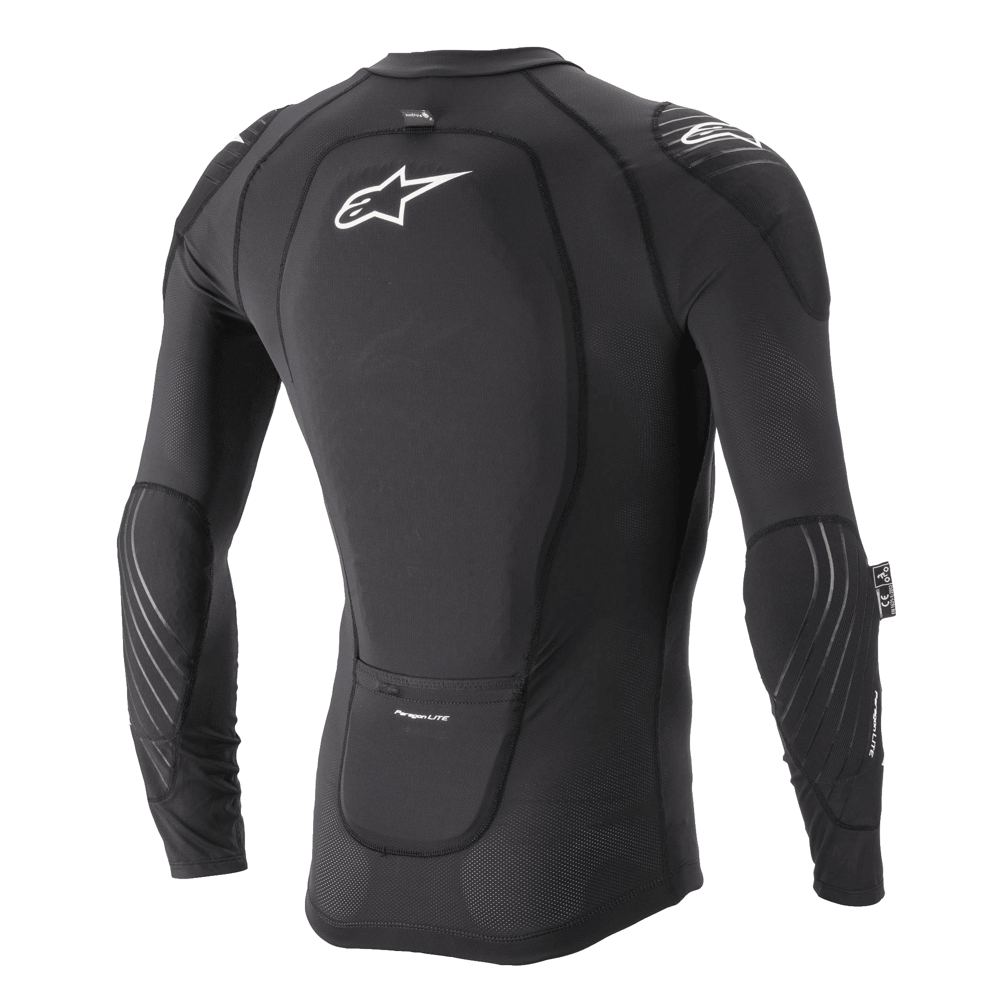 Giacca protettiva Alpinestars Paragon Lite a maniche lunghe, nero, vista posteriore con paraschiena integrato e logo Astar bianco, struttura in mesh traspirante con protezioni per gomiti e spalle, protezione MTB leggera.