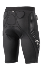 Alpinestars Paragon Lite Protection Shorts, nero, vista posteriore con imbottitura in memory foam integrata per la protezione di anca e coccige, design con struttura in mesh traspirante, logo Alpinestars bianco e marchio Paragon Lite sulla gamba, equipaggiamento protettivo leggero per il ciclismo