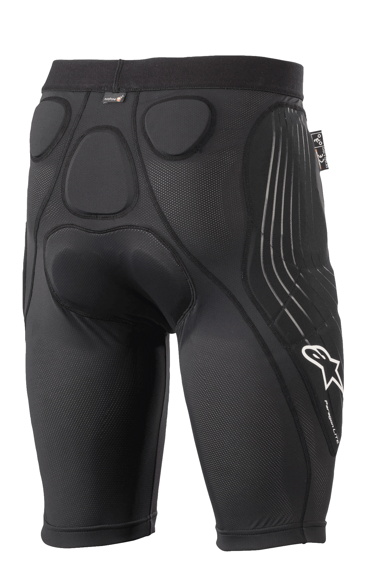 Alpinestars Paragon Lite Protection Shorts, nero, vista posteriore con imbottitura in memory foam integrata per la protezione di anca e coccige, design con struttura in mesh traspirante, logo Alpinestars bianco e marchio Paragon Lite sulla gamba, equipaggiamento protettivo leggero per il ciclismo