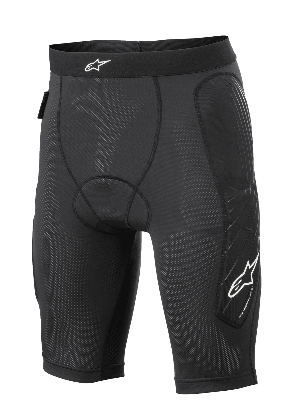Alpinestars Paragon Lite Protection Shorts, pantaloncini protettivi da MTB, neri, struttura in mesh traspirante e leggera con tessuto traforato, imbottiture sui fianchi e sui lati delle gambe, logo a stella bianco su vita e gamba, vestibilità a compressione per ciclismo off-road
