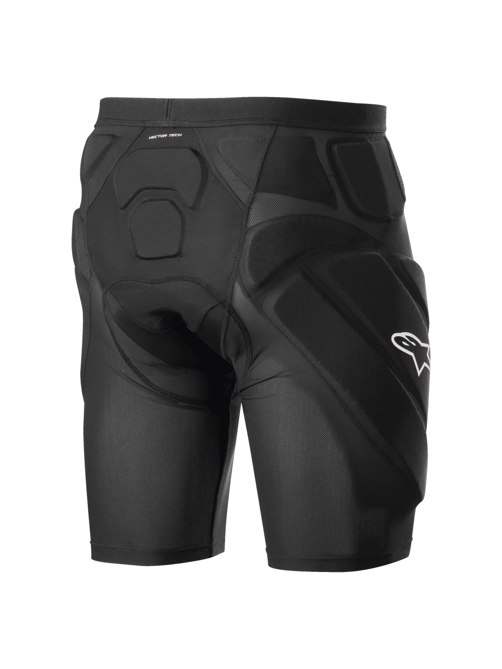 Alpinestars Vector Tech Shorts, pantaloncini protettivi da ciclismo neri, con imbottitura integrata in schiuma di memoria EVA su fianchi e schiena, struttura in rete elastica traspirante e logo Alpinestars bianco sul lato.