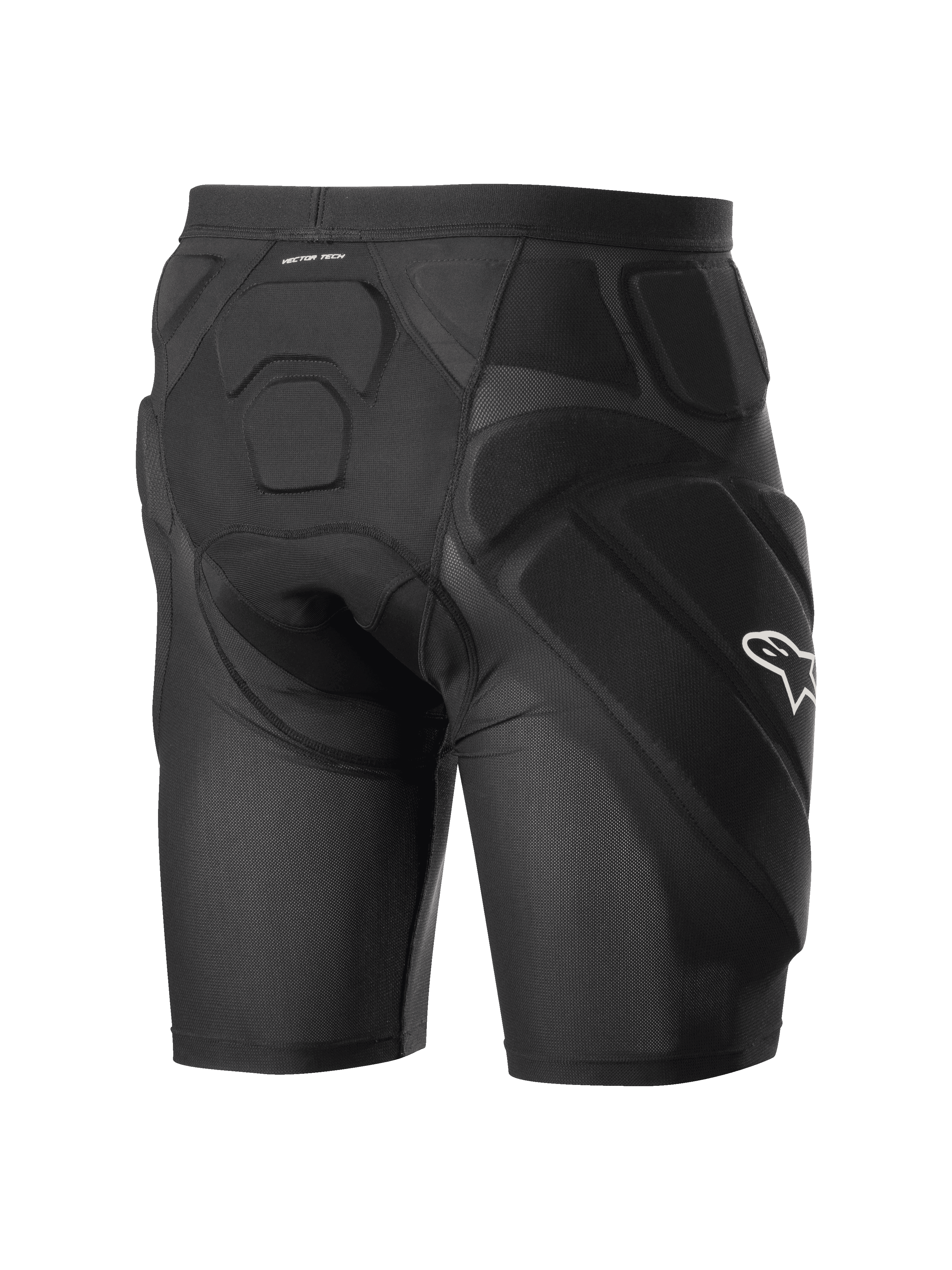 Alpinestars Vector Tech Shorts, pantaloncini protettivi da ciclismo neri, con imbottitura integrata in schiuma di memoria EVA su fianchi e schiena, struttura in rete elastica traspirante e logo Alpinestars bianco sul lato.