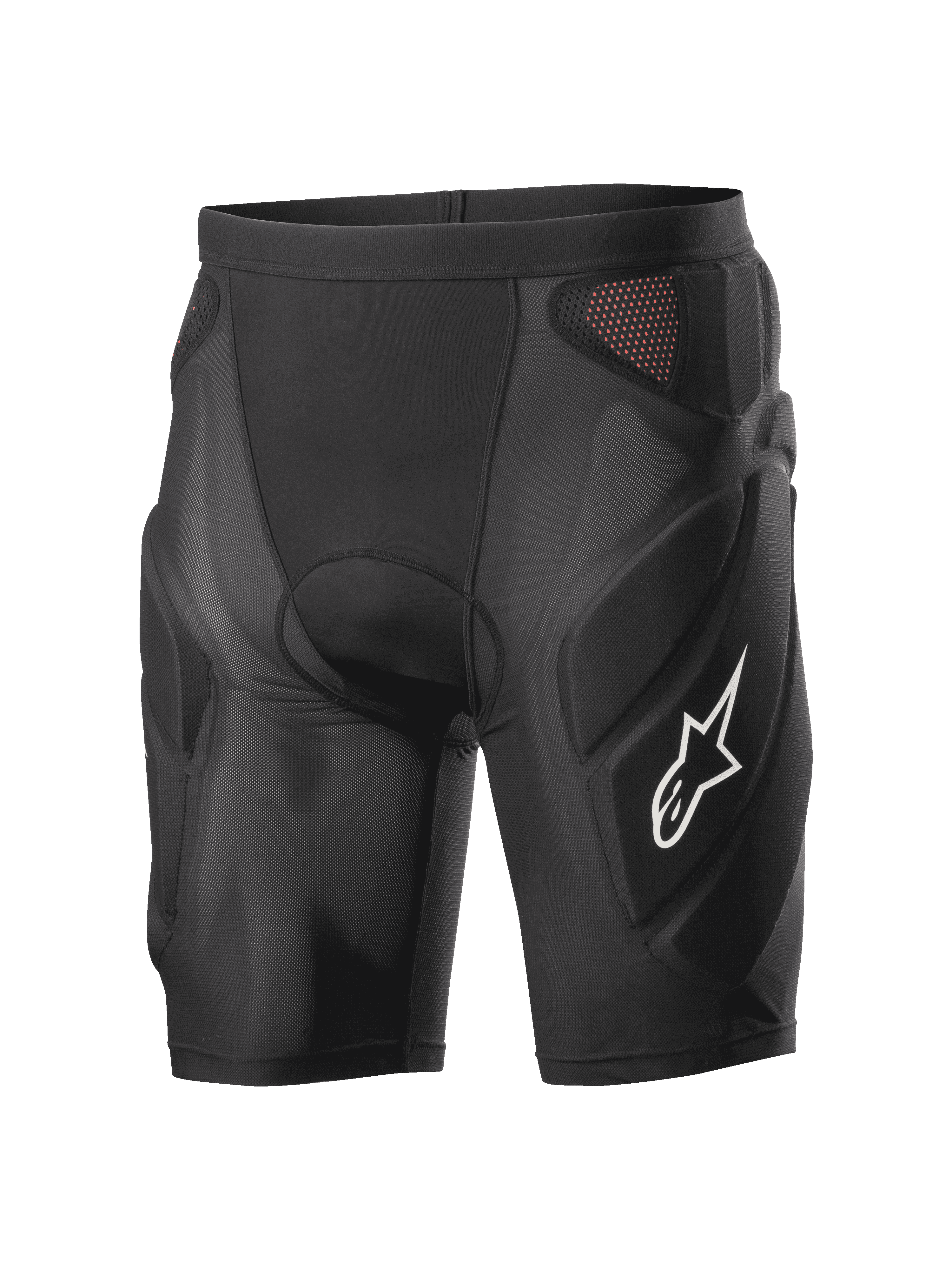 Alpinestars Vector Tech Shorts, pantaloncini protettivi da ciclismo, neri con pannelli in mesh rossi, logo a stella bianco sulla coscia, design a compressione imbottito con protezioni in schiuma EVA, attrezzatura per MTB e downhill