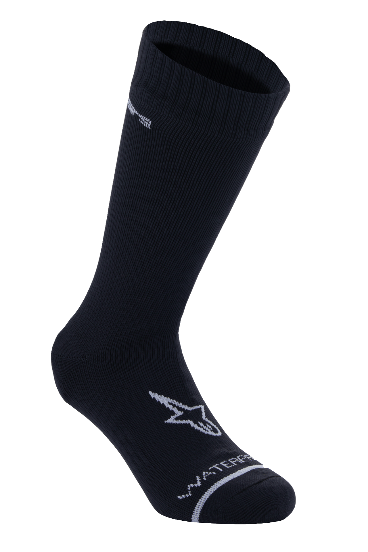 Alpinestars A-Dura Waterproof Socks, calze da ciclismo impermeabili a metà polpaccio, nero, texture a coste sul bordo, logo A-star bianco sul piede, scritta Waterproof sulla punta, base layer tecnico per MTB