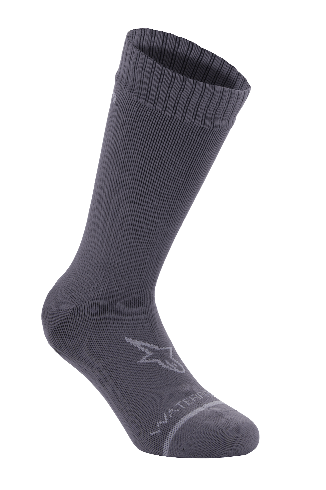 Alpinestars A-Dura Waterproof Socks, grigio titanio scuro, calze da ciclismo a metà polpaccio con texture a coste, logo a stella Alpinestars grigio chiaro sulla caviglia e scritta "WATERPROOF" vicino alla punta, abbigliamento tecnico per mountain bike e guida fuori strada