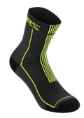 Alpinestars Summer Socks 15, nero e giallo acido, calzini da ciclismo leggeri a costine, con logo ASTARS giallo neon e strisce verticali sul tallone, struttura in mesh traspirante per la guida MTB in climi caldi