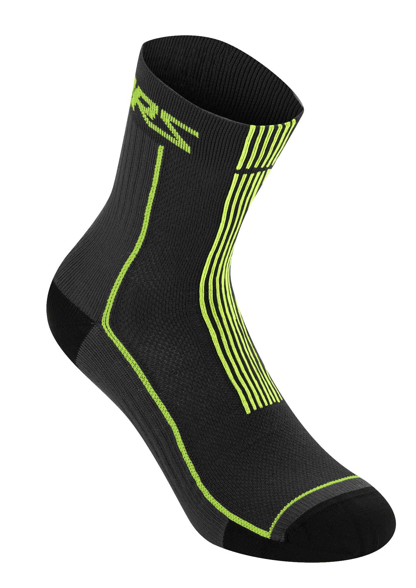 Alpinestars Summer Socks 15, nero e giallo acido, calzini da ciclismo leggeri a costine, con logo ASTARS giallo neon e strisce verticali sul tallone, struttura in mesh traspirante per la guida MTB in climi caldi