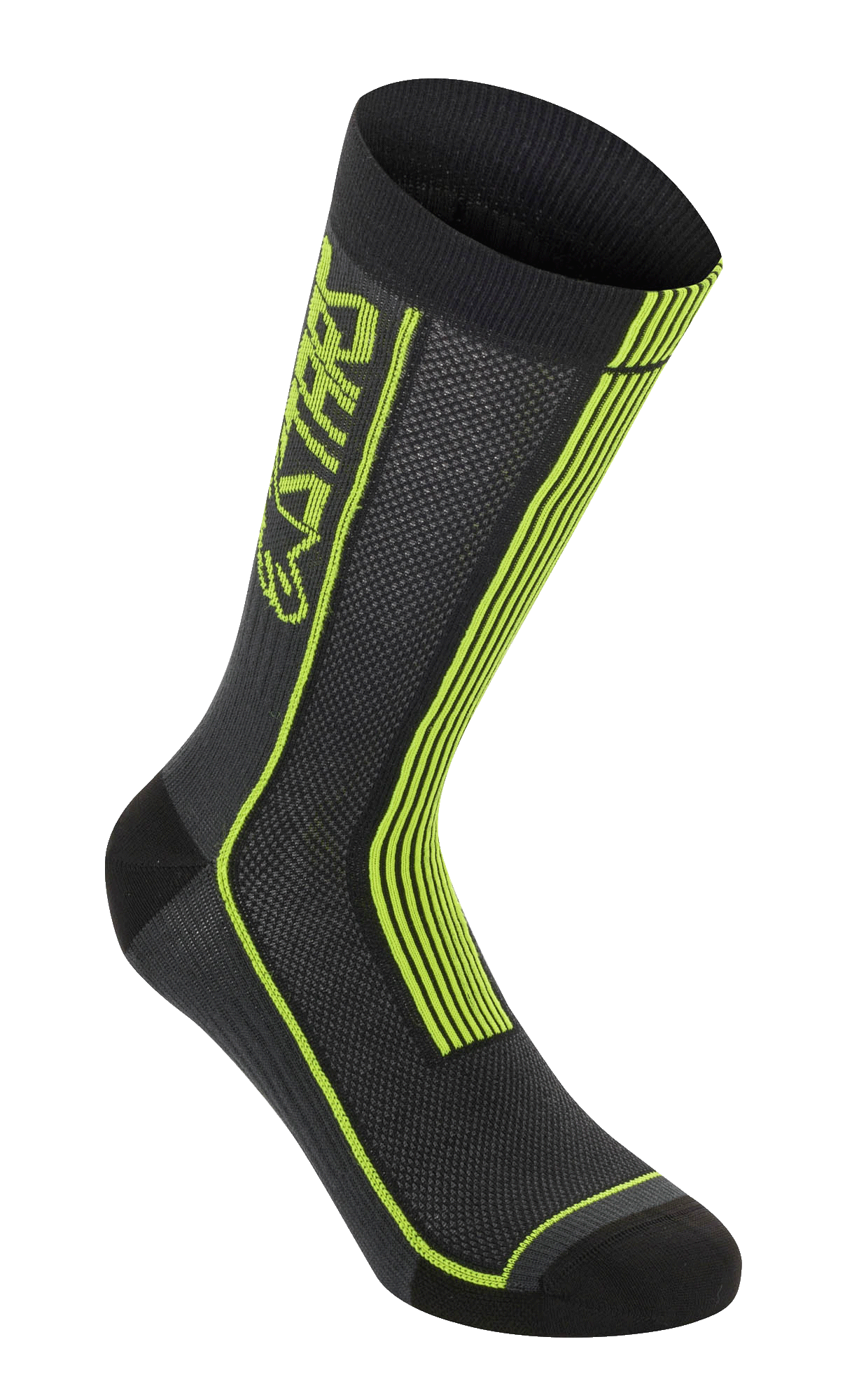 Alpinestars Summer Socks, calze da ciclismo, nero e giallo acido, con strisce verticali giallo neon e marchio ASTARS, struttura in rete traspirante con bordo superiore a coste, punta e tallone rinforzati, abbigliamento tecnico leggero per mountain bike.