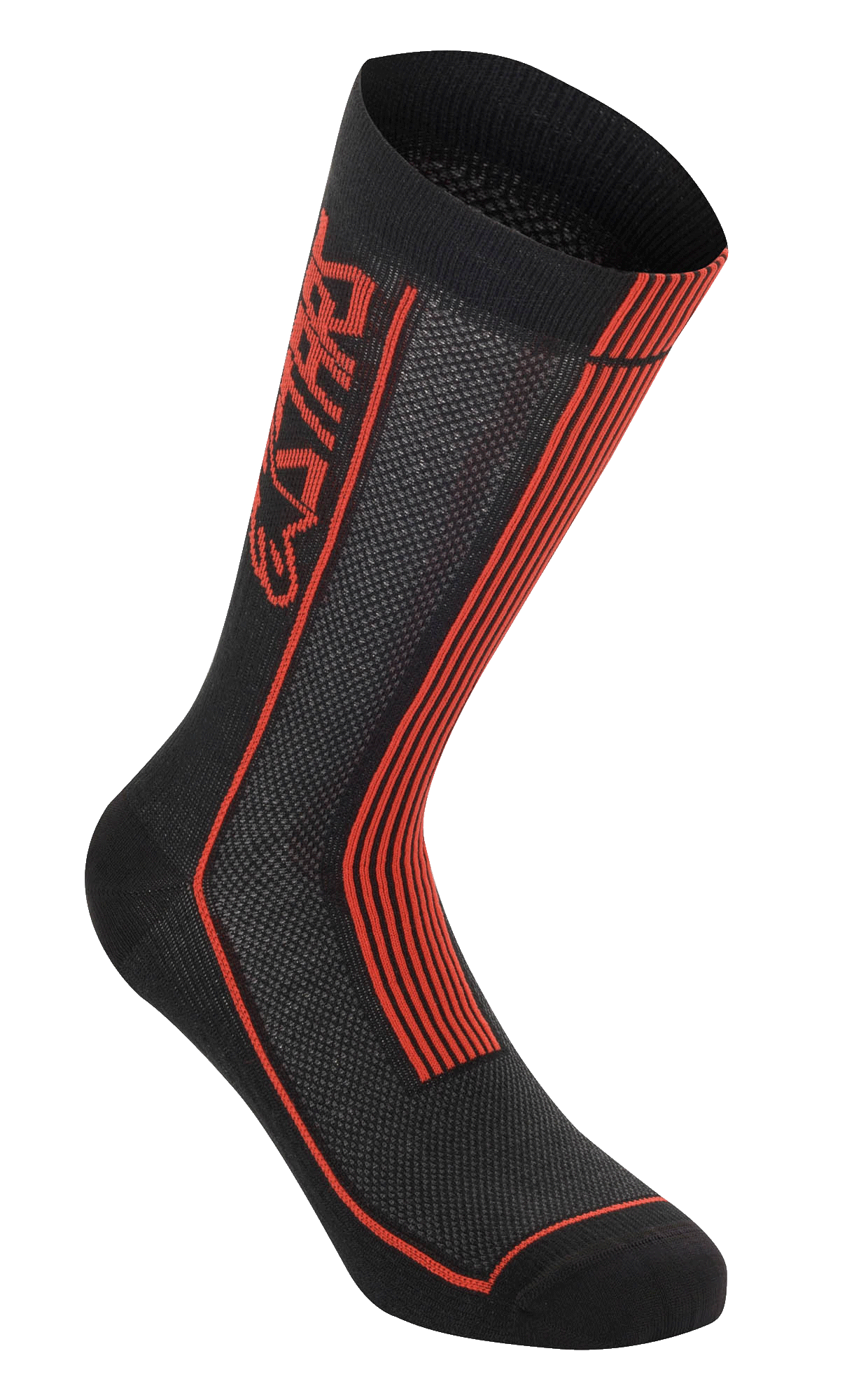 Alpinestars Summer Socks, calzini da ciclismo, nero e rosso acceso, logo Astars verticale e strisce rosse, trama a rete per la ventilazione, struttura a costine per l'elasticità, calzature tecniche per climi caldi