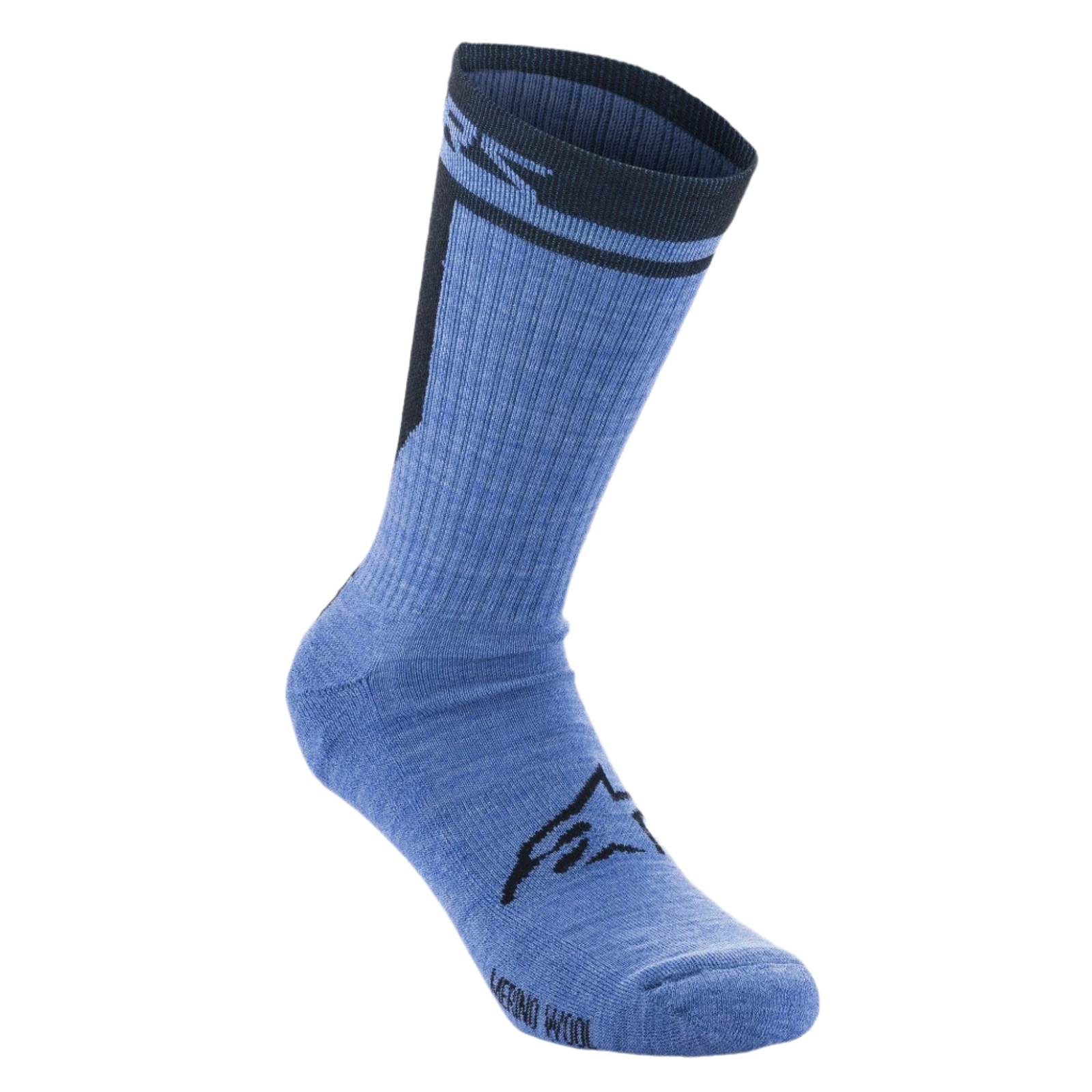 Alpinestars Merino Socks 24, calzini da ciclismo, blu nero, costruzione tecnica in lana merino con logo Alpinestars nero sul collo del piede, lunghezza a metà polpaccio con bordo a costine scuro e marchio.