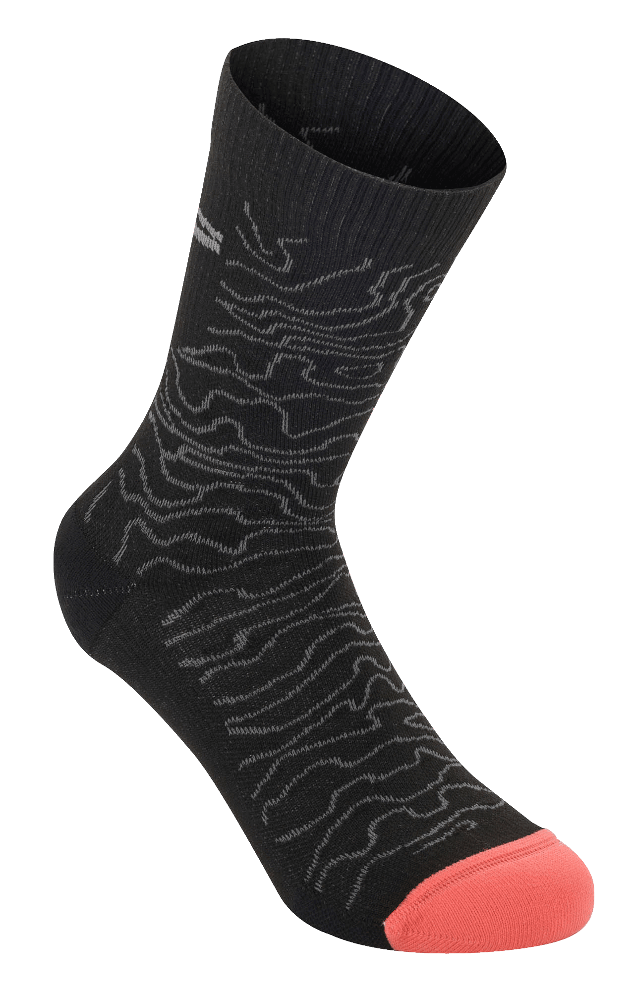 Alpinestars Drop Socks 15, calze da ciclismo performance, nero e grigio medio con punta arancione corallo, con pattern topografico ondulato e bordo a costine, design in rete leggera per MTB e guida fuoristrada