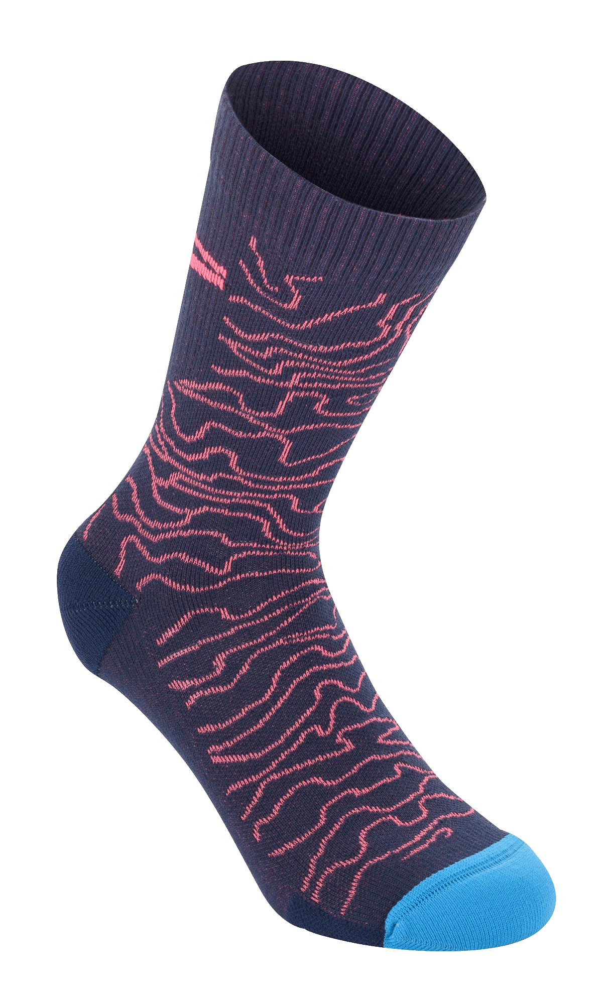 Alpinestars Drop Socks 15, calzini da ciclismo ad alte prestazioni, blu navy con motivo ondulato corallo e punta blu brillante, texture a coste sulla parte superiore, lunghezza a metà polpaccio