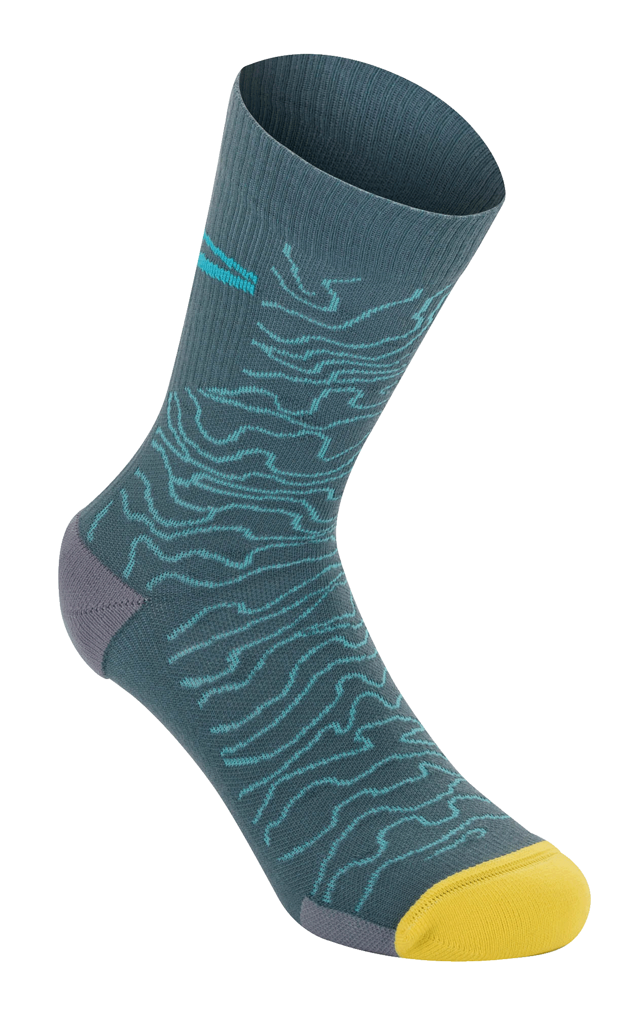 Alpinestars Drop Socks 15, calze da mountain bike, blu Atlantic Ceramic con motivo topografico azzurro chiaro, punta giallo acceso e tallone grigio, trama a costine, calze da MTB leggere e performanti