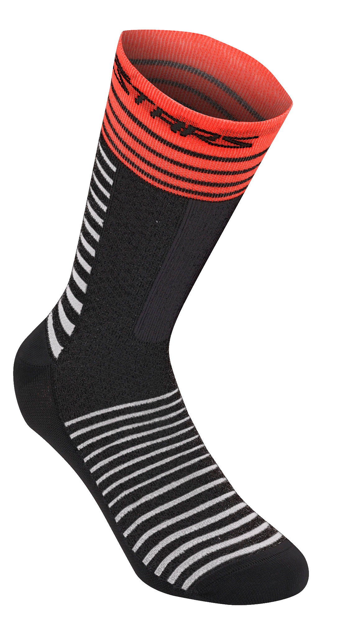 Alpinestars Drop Socks 19, calze da ciclismo MTB, nero con strisce orizzontali bianche, bordo a costine rosso acceso con logo nero, struttura in mesh leggera, lunghezza 19 cm