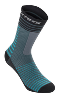Alpinestars Drop Socks 19, calze da ciclismo, Atlantic Ceramic e grigio, design a righe orizzontali verde acqua e nero, costruzione in rete traspirante, lunghezza a metà polpaccio, equipaggiamento tecnico per mountain bike