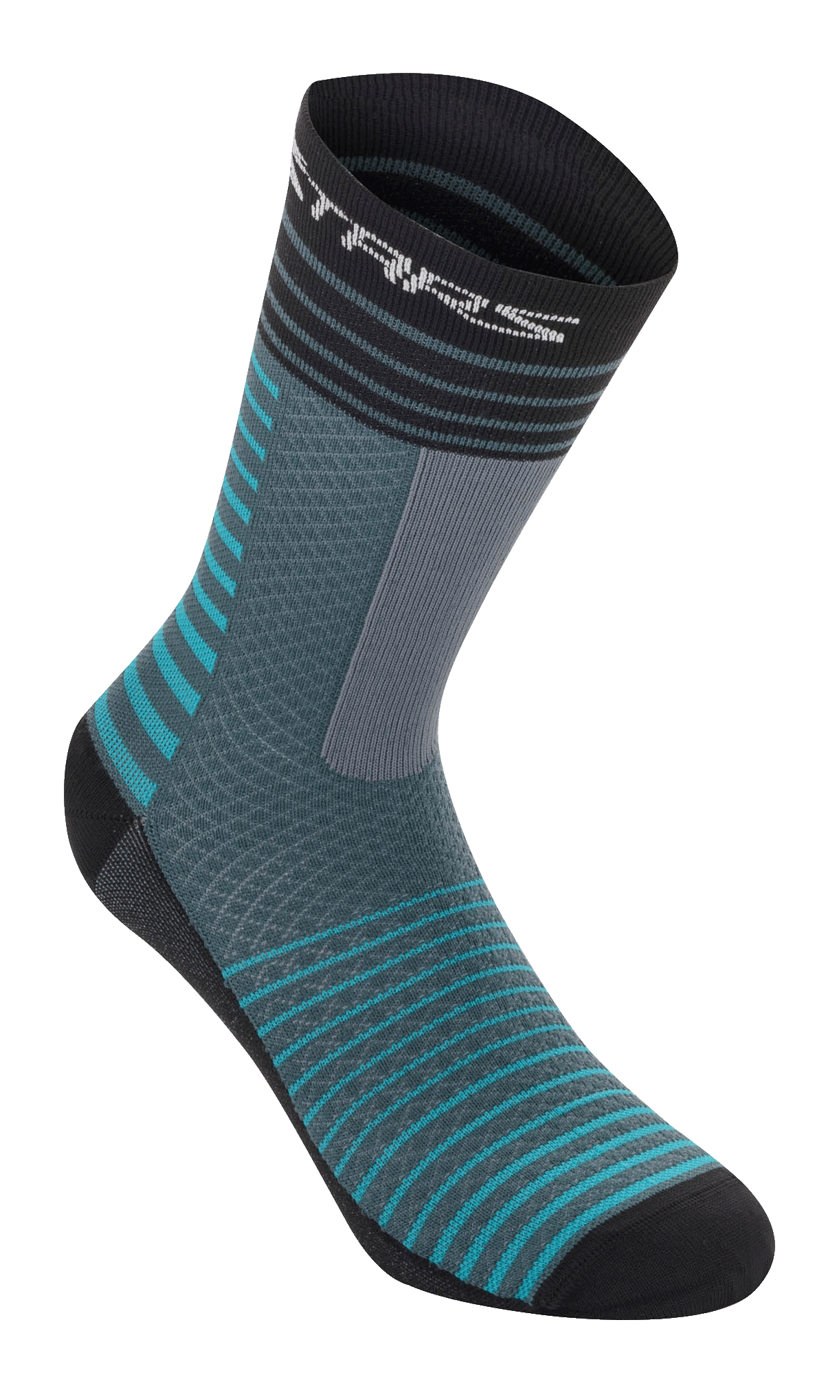 Alpinestars Drop Socks 19, calze da ciclismo, Atlantic Ceramic e grigio, design a righe orizzontali verde acqua e nero, costruzione in rete traspirante, lunghezza a metà polpaccio, equipaggiamento tecnico per mountain bike