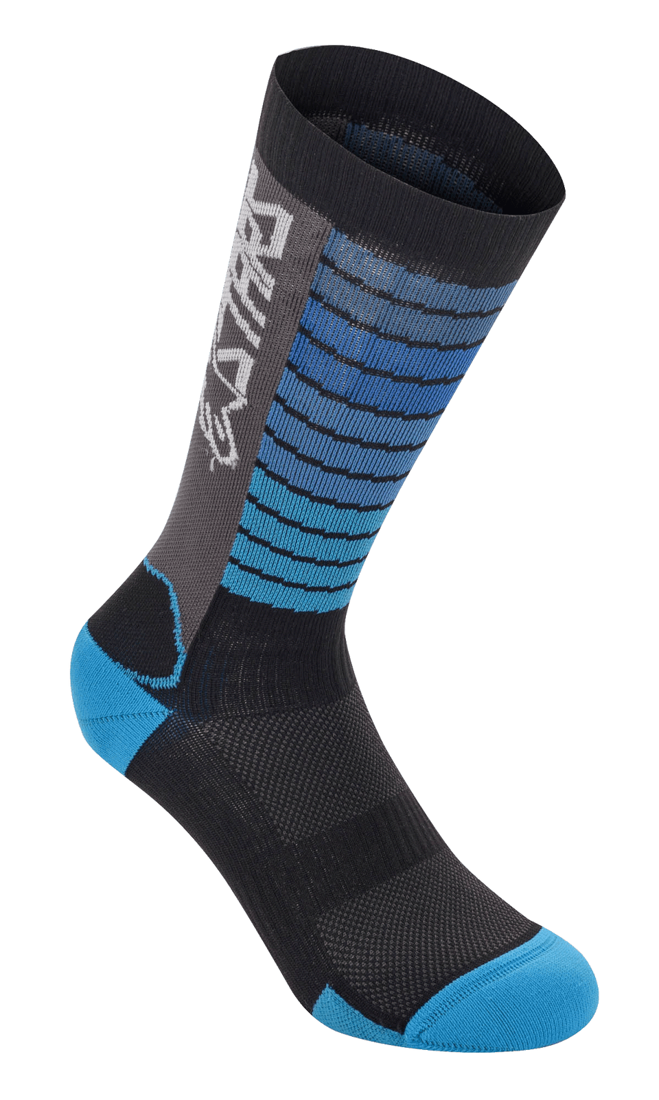 Alpinestars Drop Socks, calze da ciclismo MTB, nero e blu acqua, motivo a strisce orizzontali sulla parte superiore, pannello laterale grigio con logo bianco, tallone e punta rinforzati blu acqua, tessuto in rete traspirante