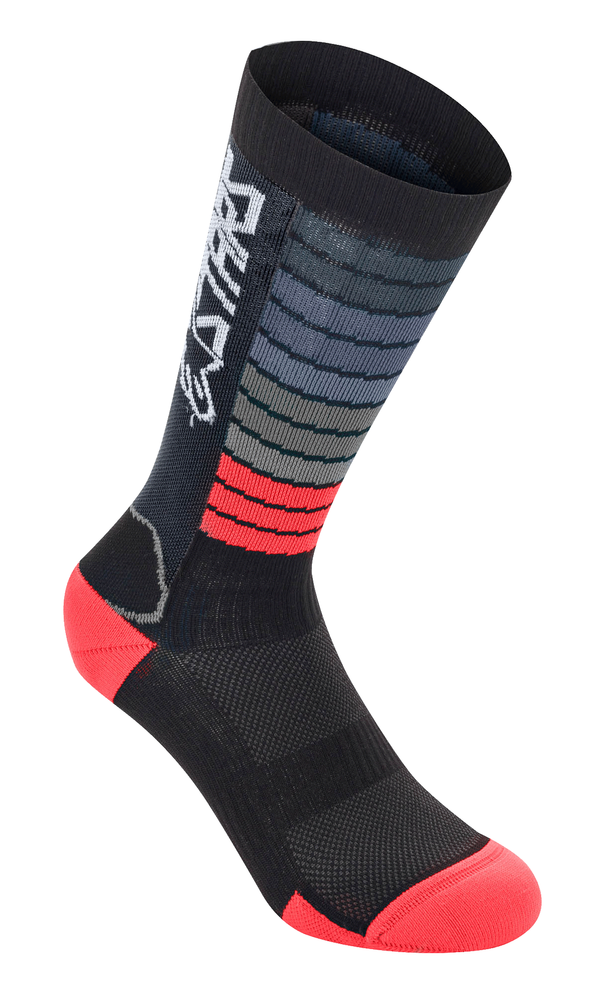 Alpinestars Drop Socks, calzini da ciclismo ad alte prestazioni, nero e rosso acceso, con strisce orizzontali grigie e rosse, logo Astars bianco sul bordo, tallone e punta rinforzati, costruzione a rete per equipaggiamento MTB