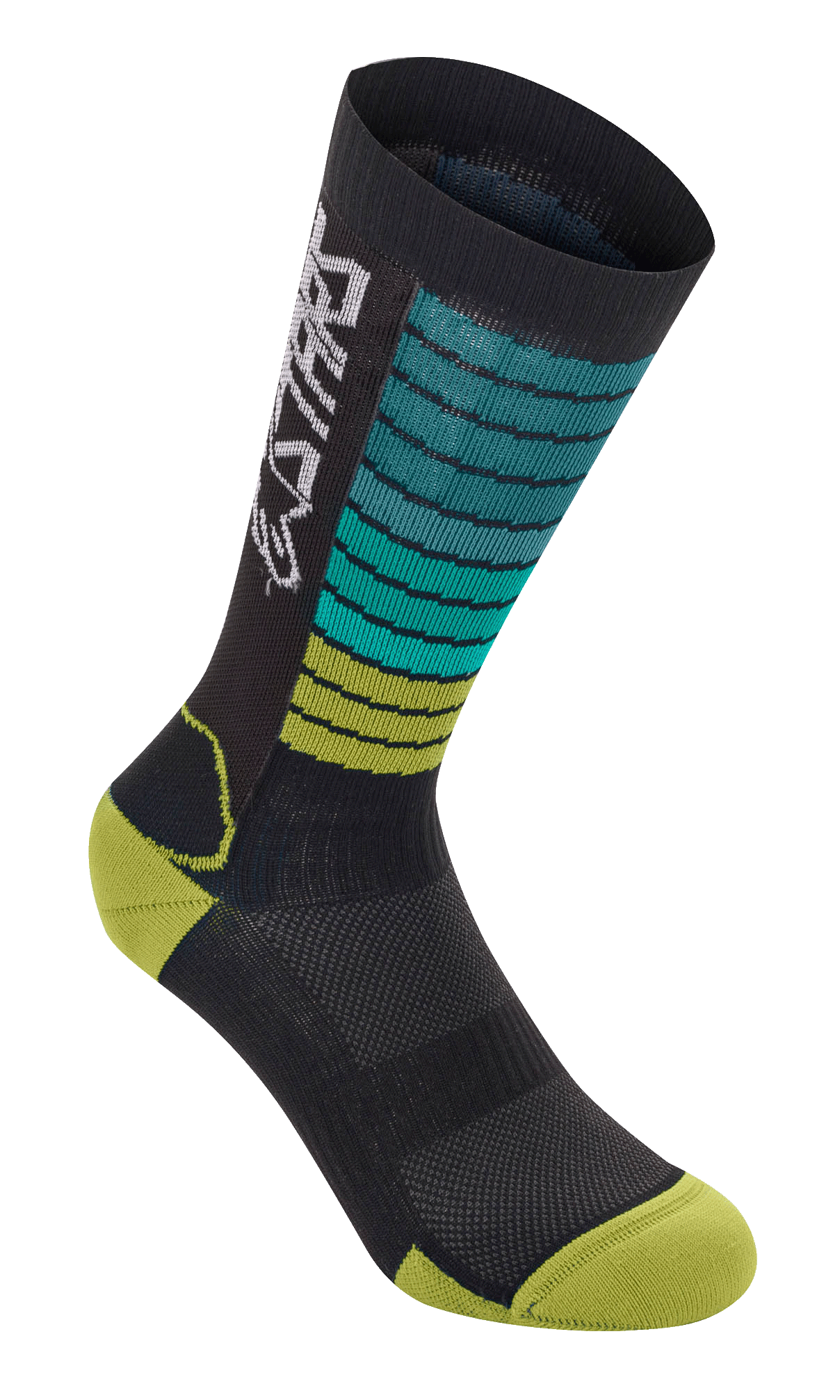 Alpinestars Drop Socks, calzini da ciclismo MTB, nero con strisce sfumate teal e verde lime, punta e tallone giallo-verde, con logo Astars bianco e trama in rete traspirante