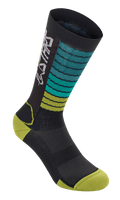 Alpinestars Drop Socks, calzini da ciclismo MTB, nero con strisce sfumate teal e verde lime, punta e tallone giallo-verde, con logo Astars bianco e trama in rete traspirante
